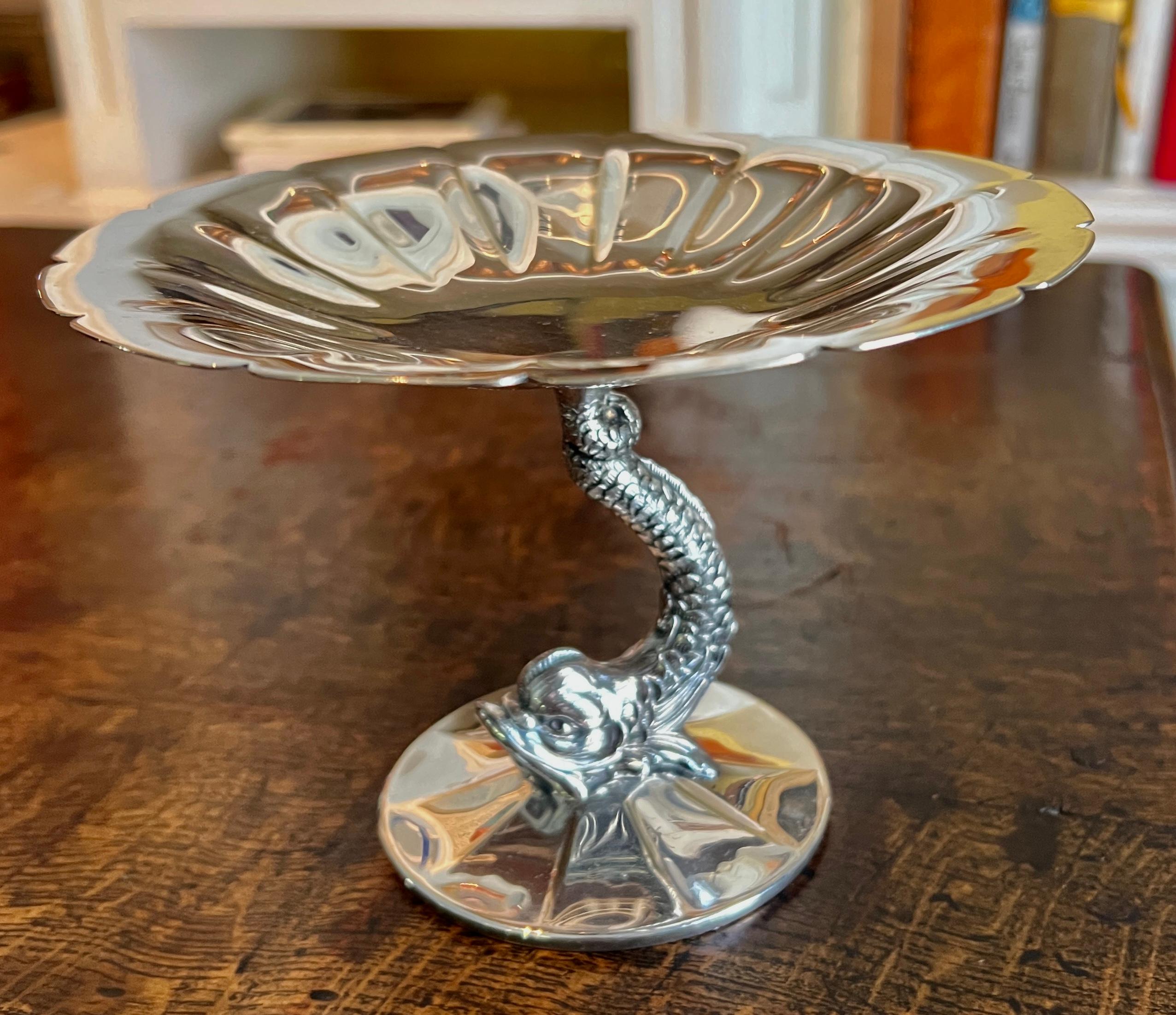 Silver Plate Dolphin Pedestal Bowl with Fluted Top For Sale 4