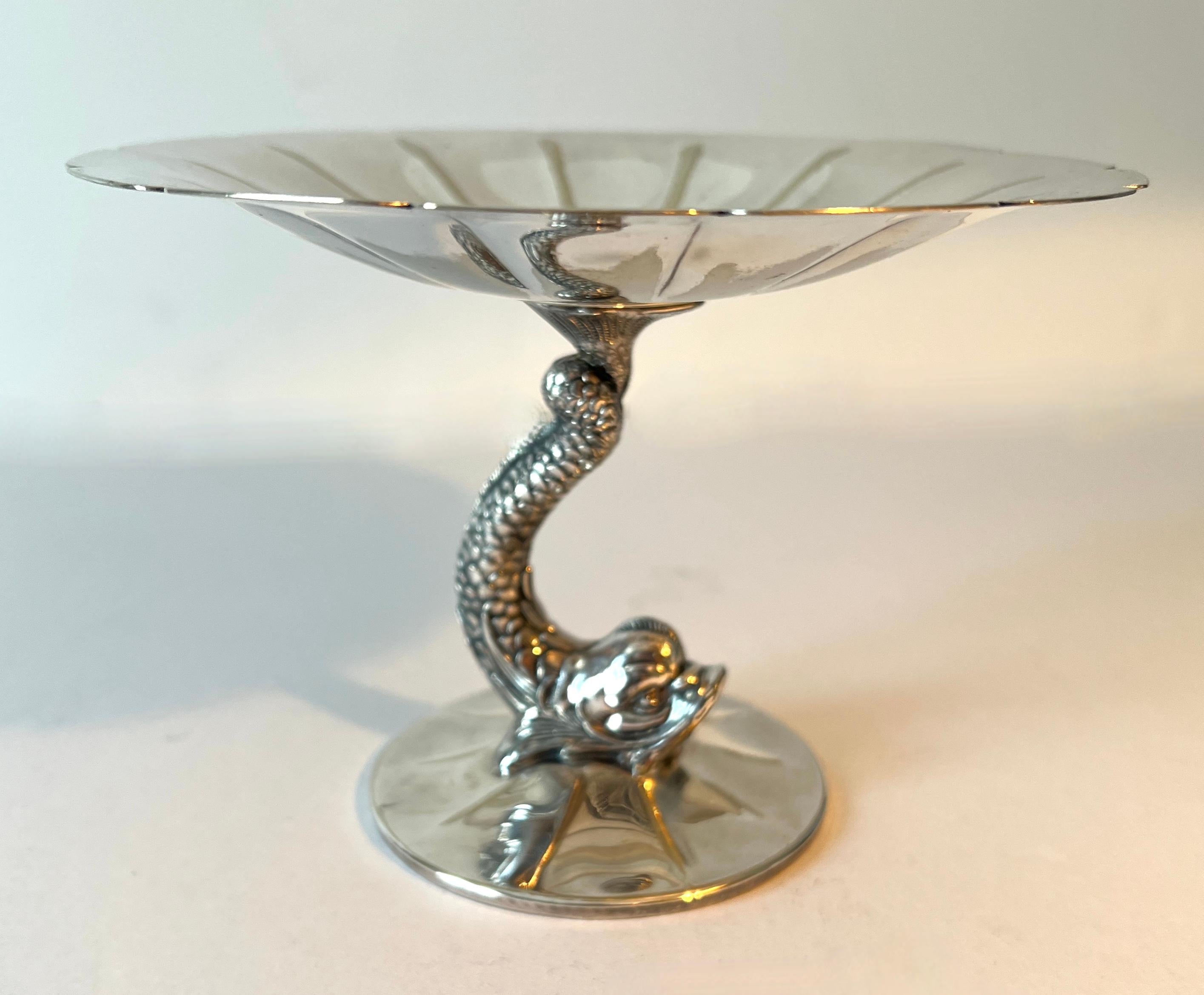 Mid-Century Modern Silver Plate Dolphin Pedestal Bowl with Fluted Top For Sale