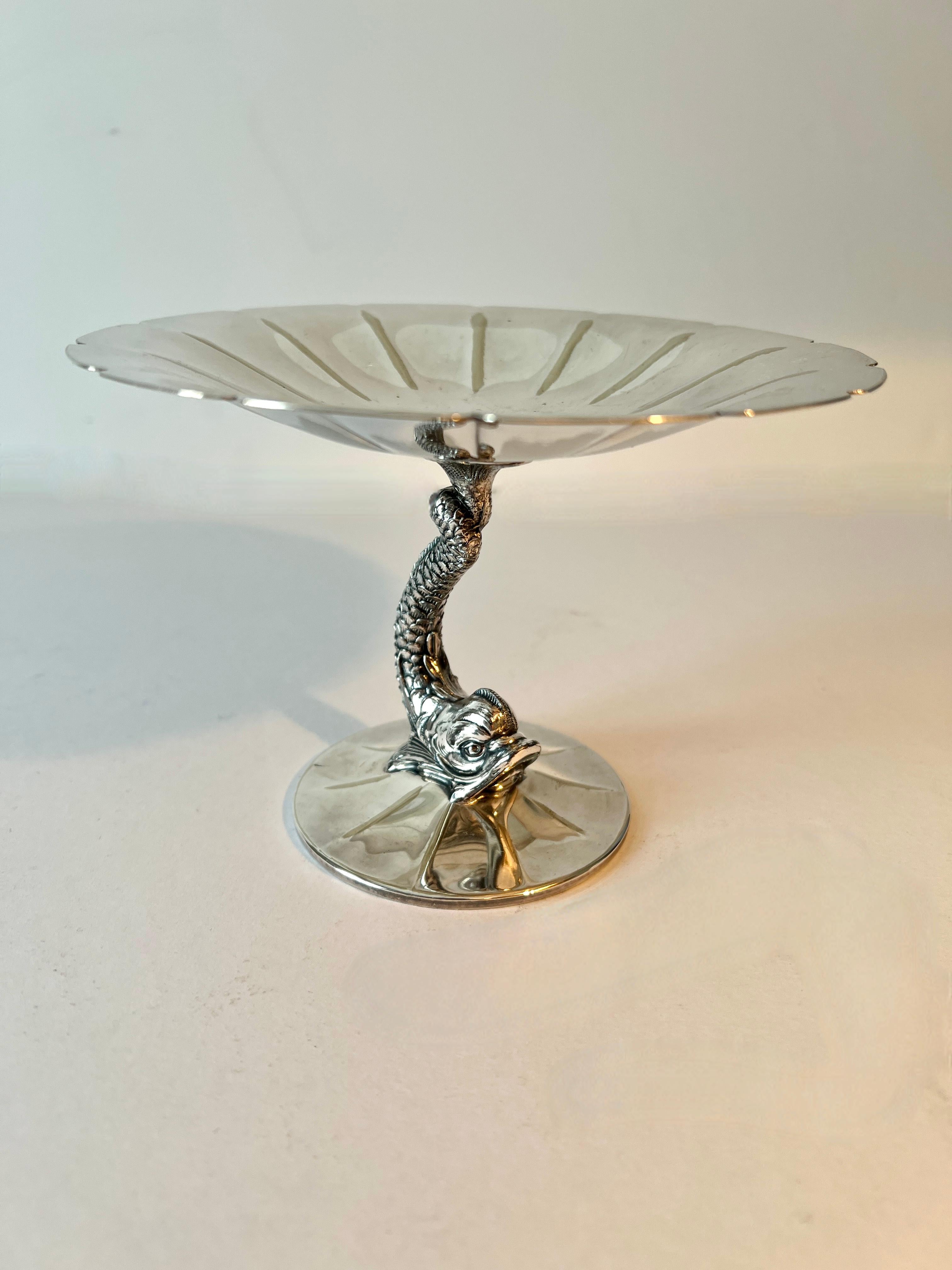 Polished Silver Plate Dolphin Pedestal Bowl with Fluted Top For Sale