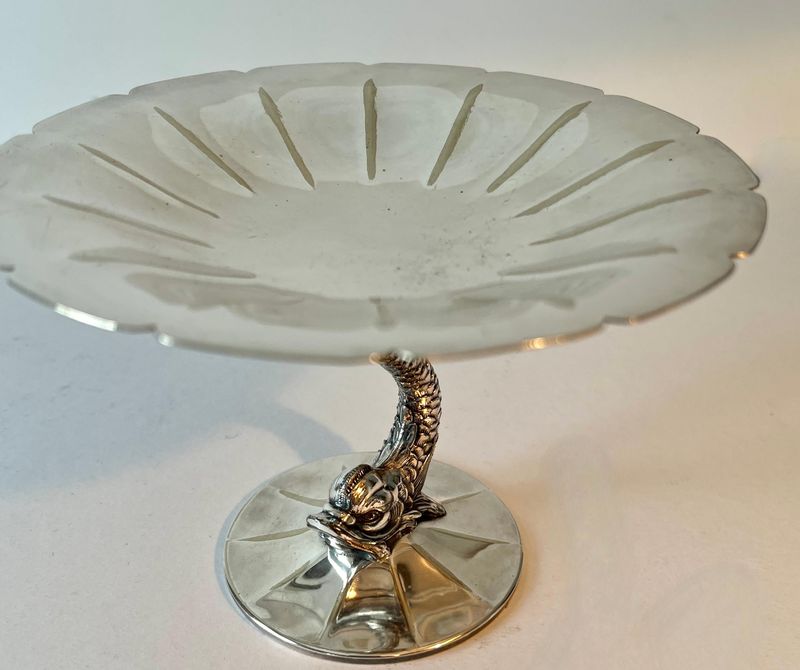 20th Century Silver Plate Dolphin Pedestal Bowl with Fluted Top For Sale