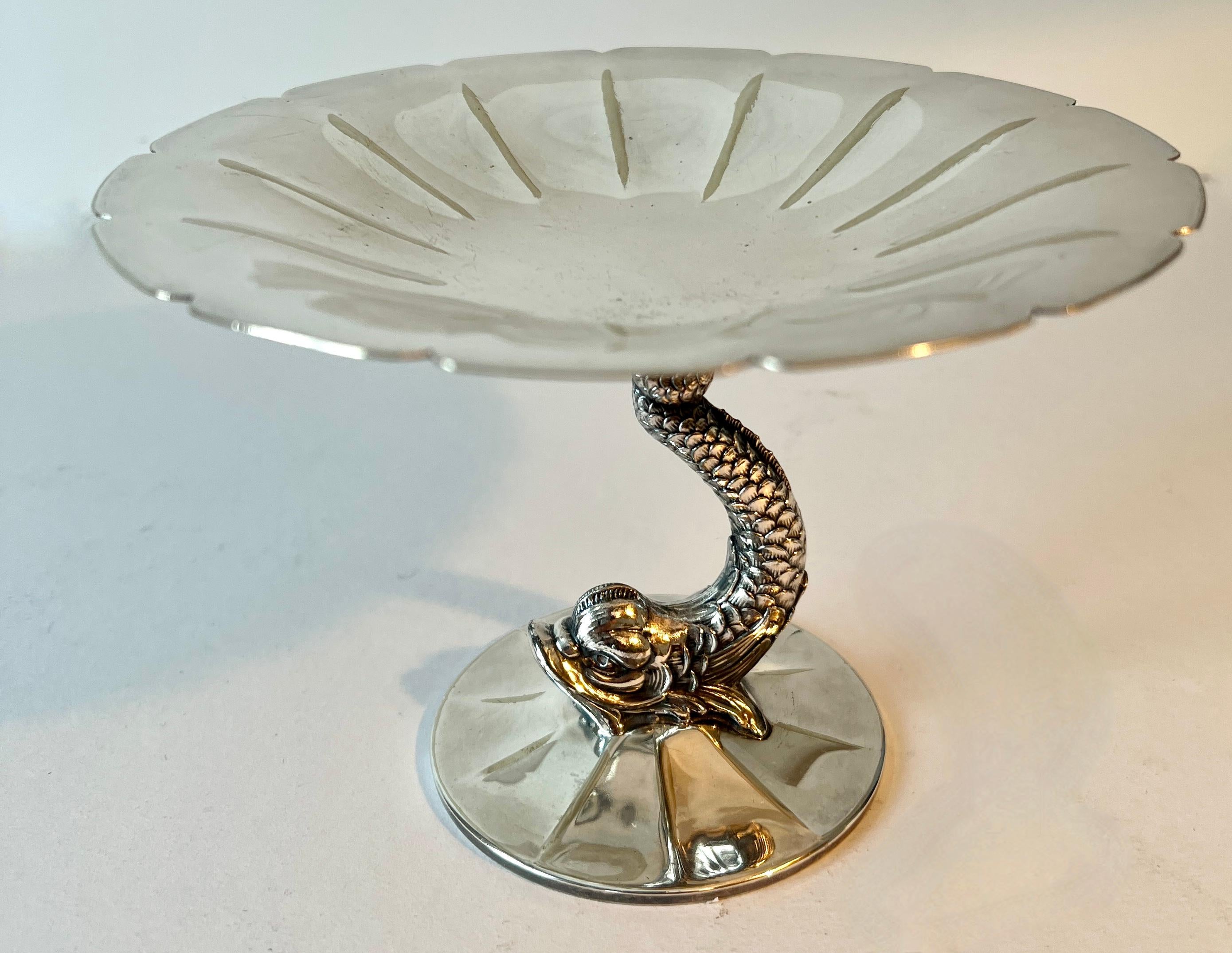 Silver Plate Dolphin Pedestal Bowl with Fluted Top For Sale 2