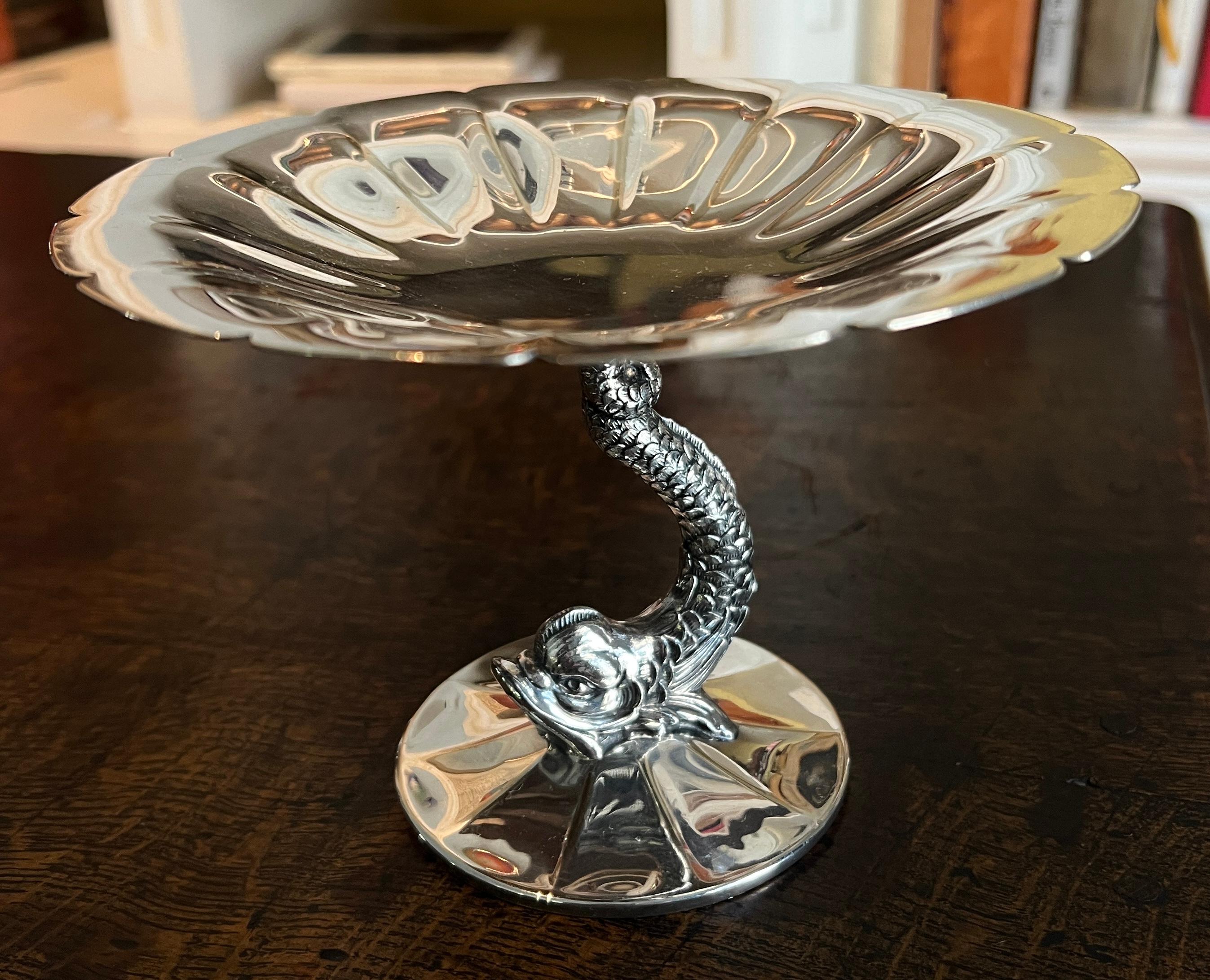 Silver Plate Dolphin Pedestal Bowl with Fluted Top For Sale 3
