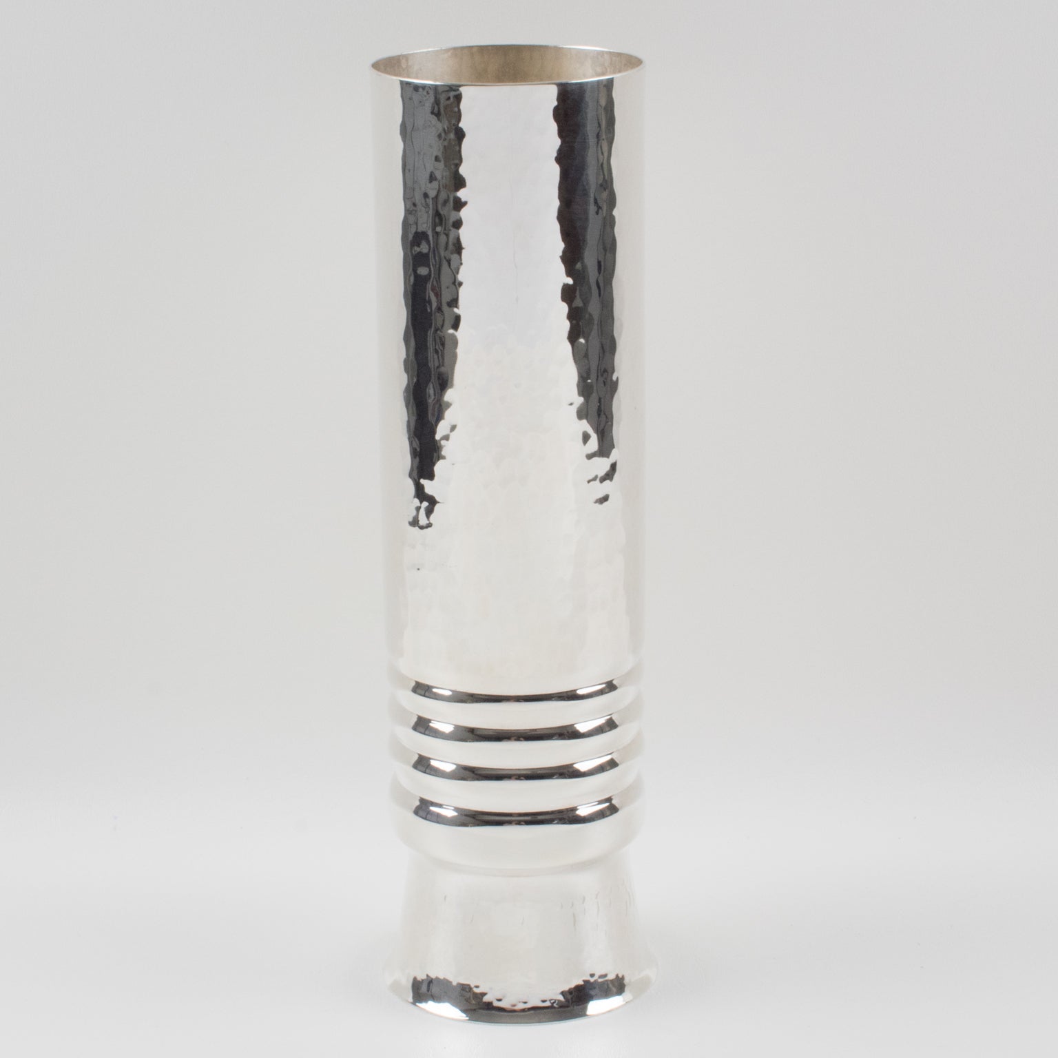 Modern Silver Plate Embossed Tall Tumbler Vase, Italy 1980s For Sale