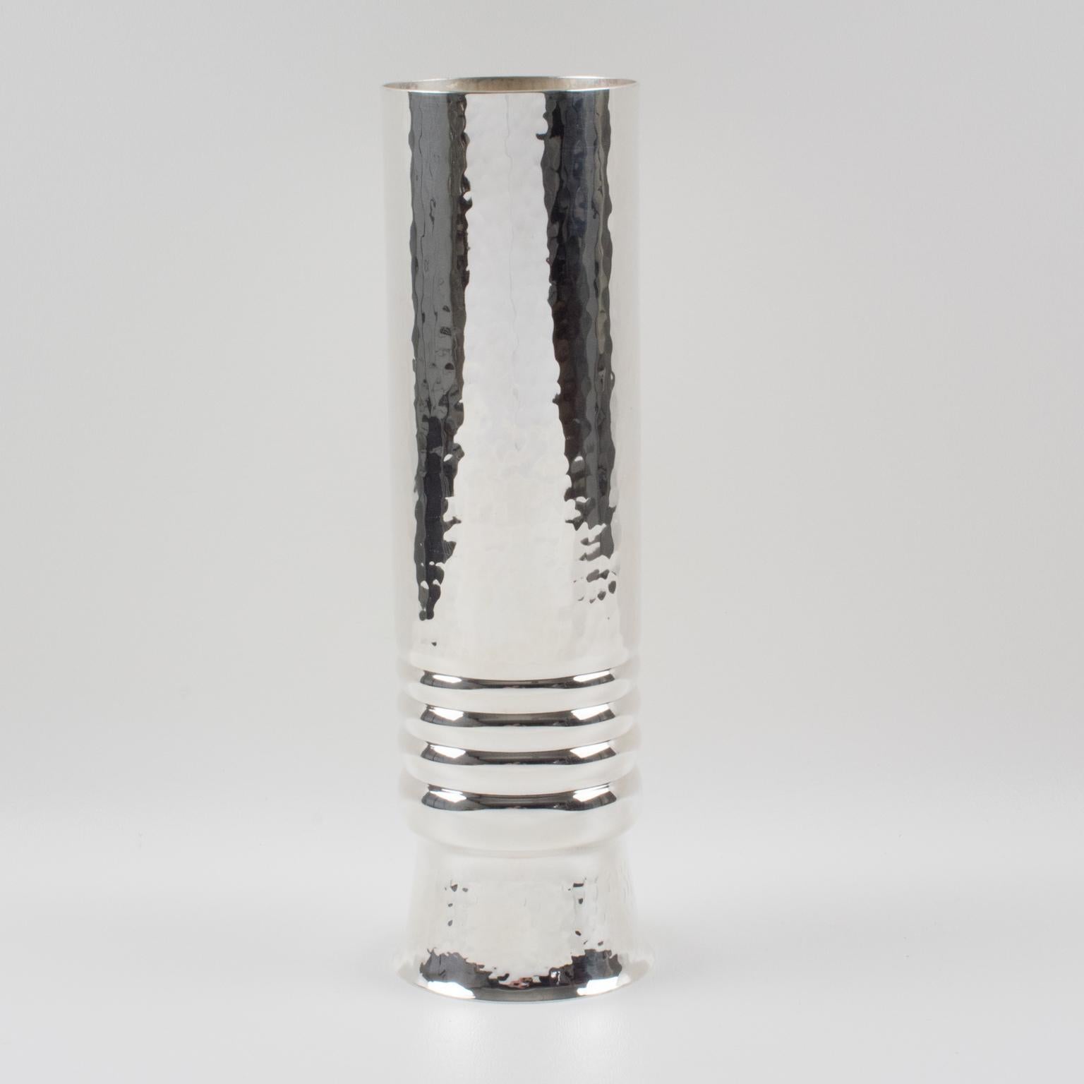 Italian Silver Plate Embossed Tall Tumbler Vase, Italy 1980s For Sale