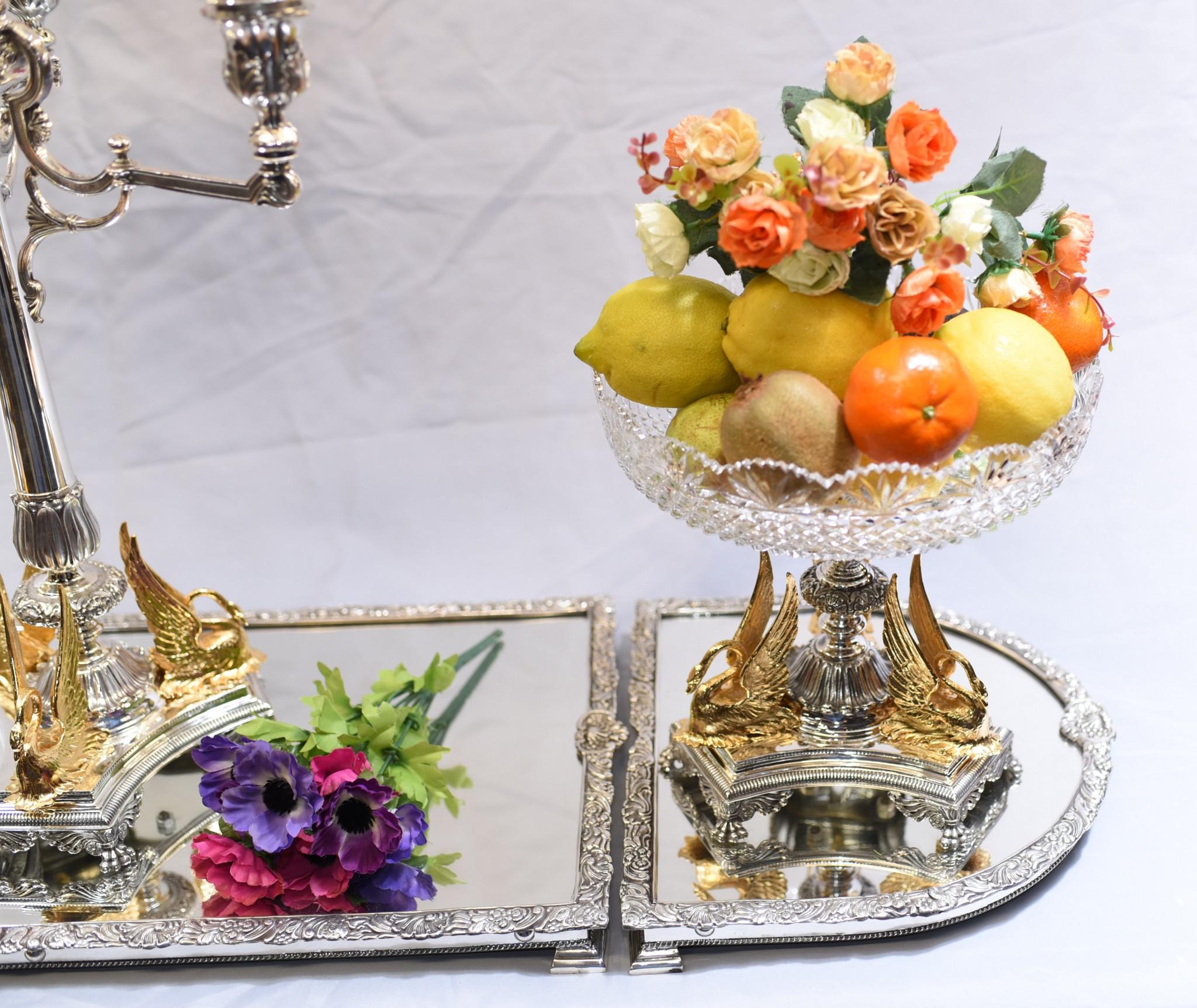 Late 20th Century Silver Plate Epergne Centerpiece Dish, Victorian Gilt Swan Bowl For Sale