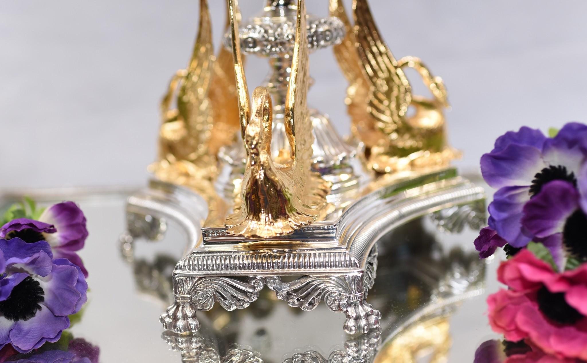 Silver Plate Epergne Centerpiece Dish, Victorian Gilt Swan Bowl 3