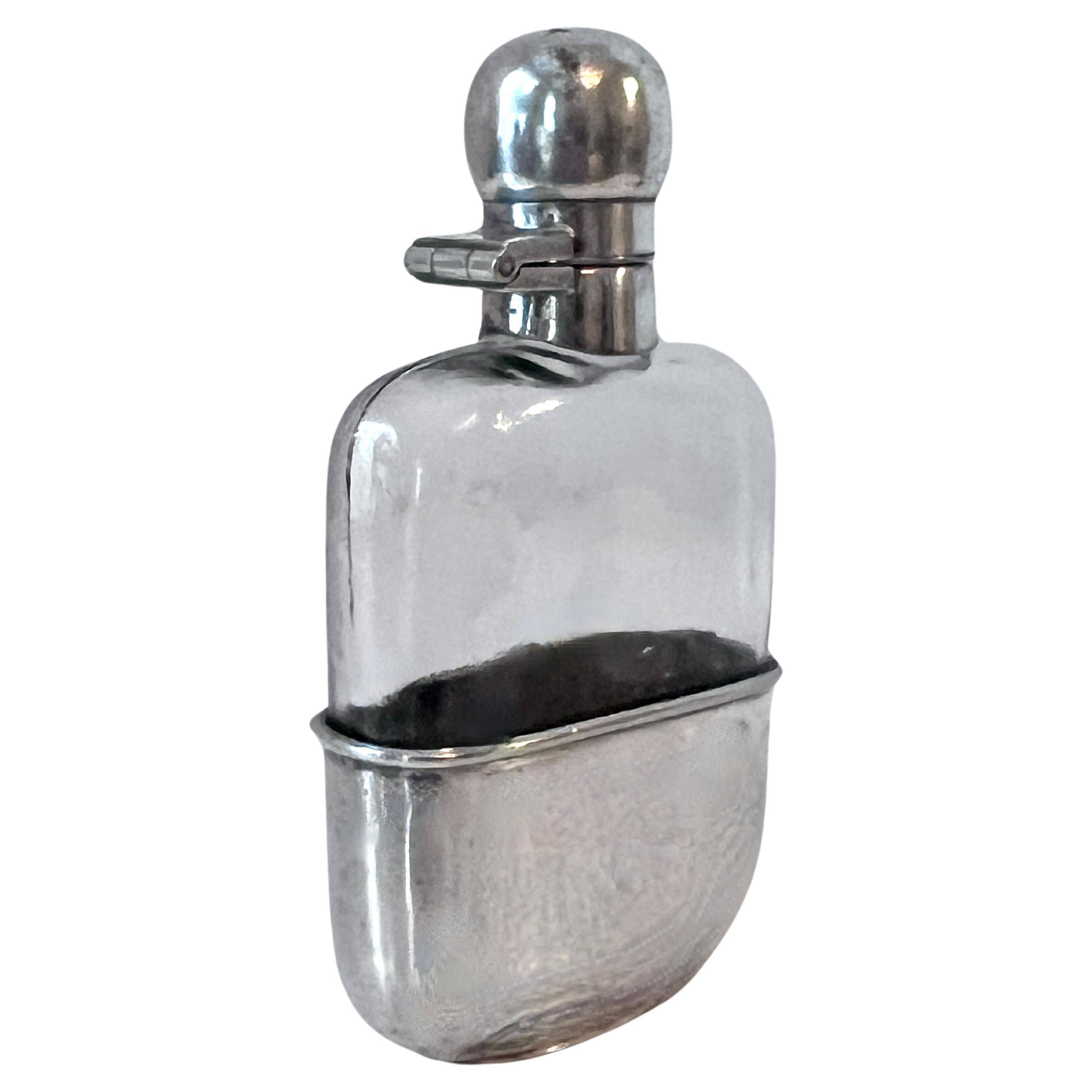 Art Deco Silver Plate Flask with Silver Plate Removable Cup For Sale