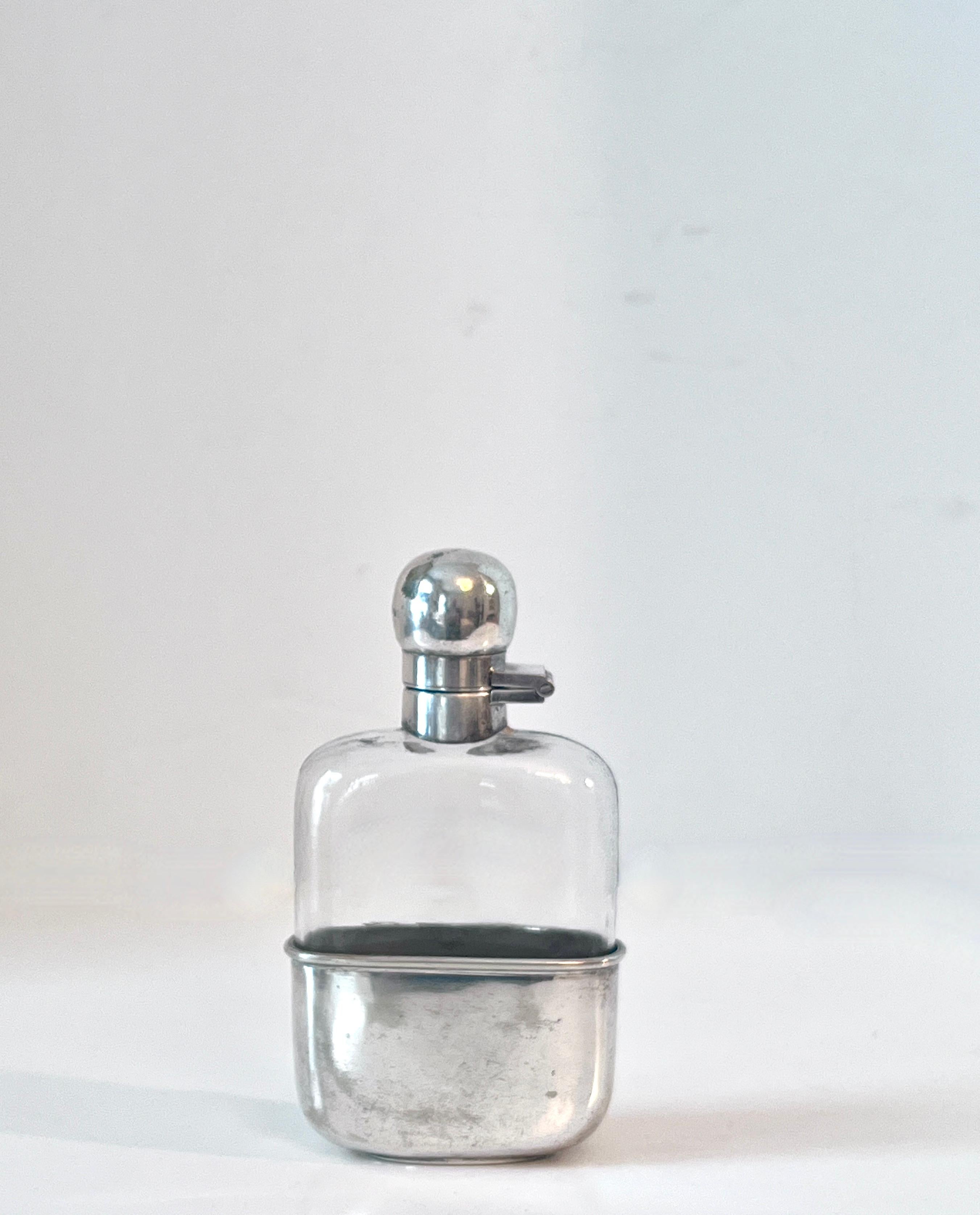 Patinated Silver Plate Flask with Silver Plate Removable Cup For Sale