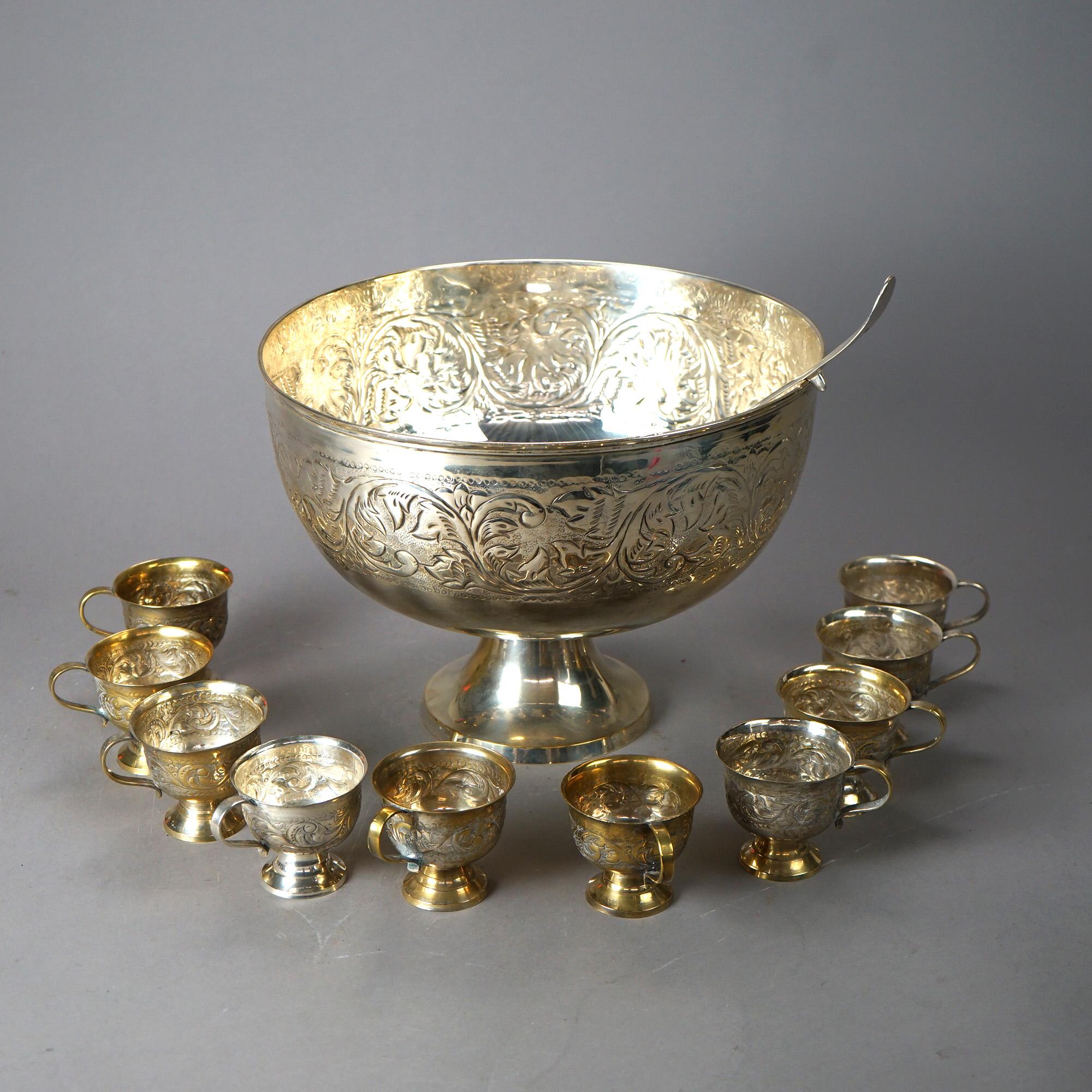 Silver Plate Foliate Embossed Punch Bowl Set with Ten Punch Cups & Ladle 20th C In Good Condition In Big Flats, NY