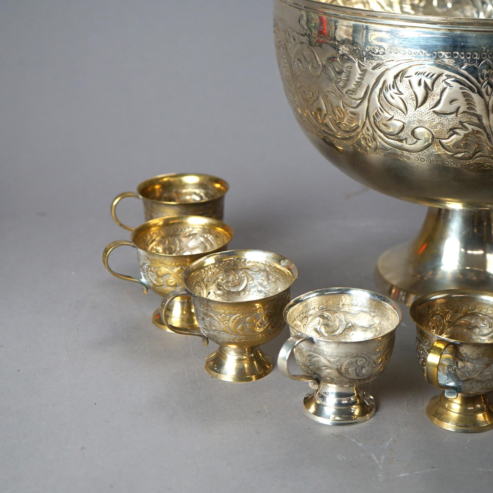 20th Century Silver Plate Foliate Embossed Punch Bowl Set with Ten Punch Cups & Ladle 20th C