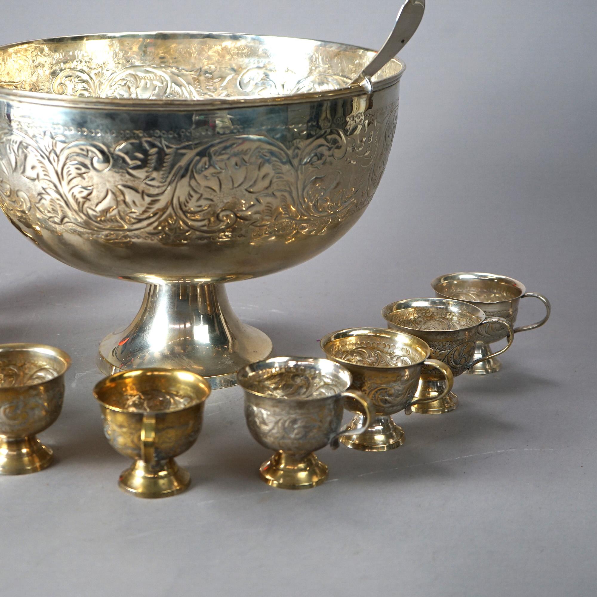 Silver Plate Foliate Embossed Punch Bowl Set with Ten Punch Cups & Ladle 20th C 2