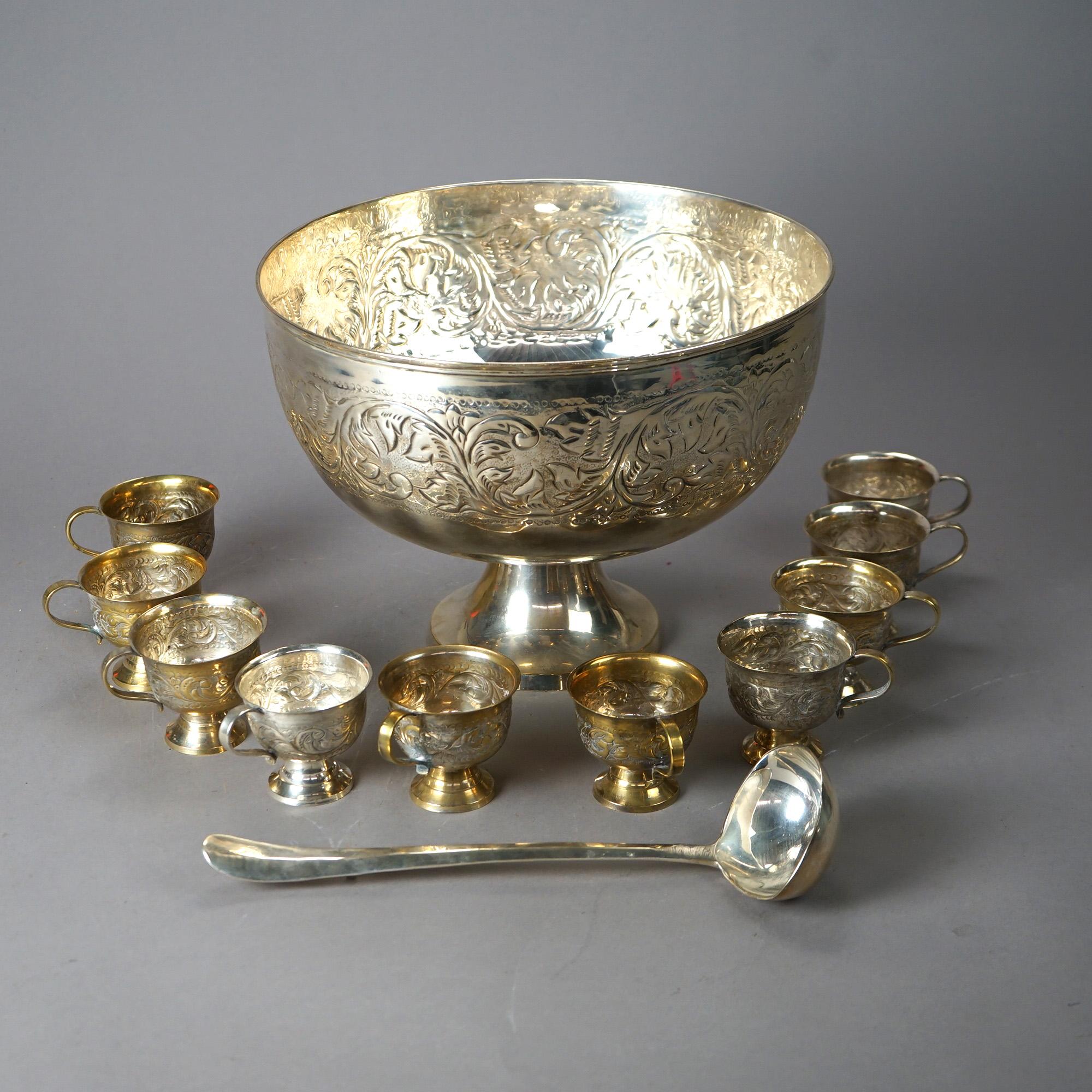 Silver Plate Foliate Embossed Punch Bowl Set with Ten Punch Cups & Ladle 20th C 4