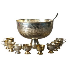 A.I.C. Silver Plate Foliate Embossed Punch Bowl Set with Ten Punch Cups & Ladle 20th C.