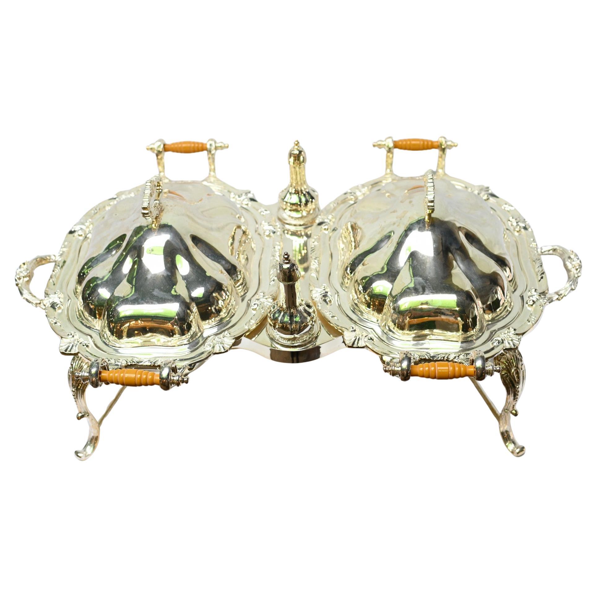 Scaldavivande in argento con doppia zuppiera Sheffield