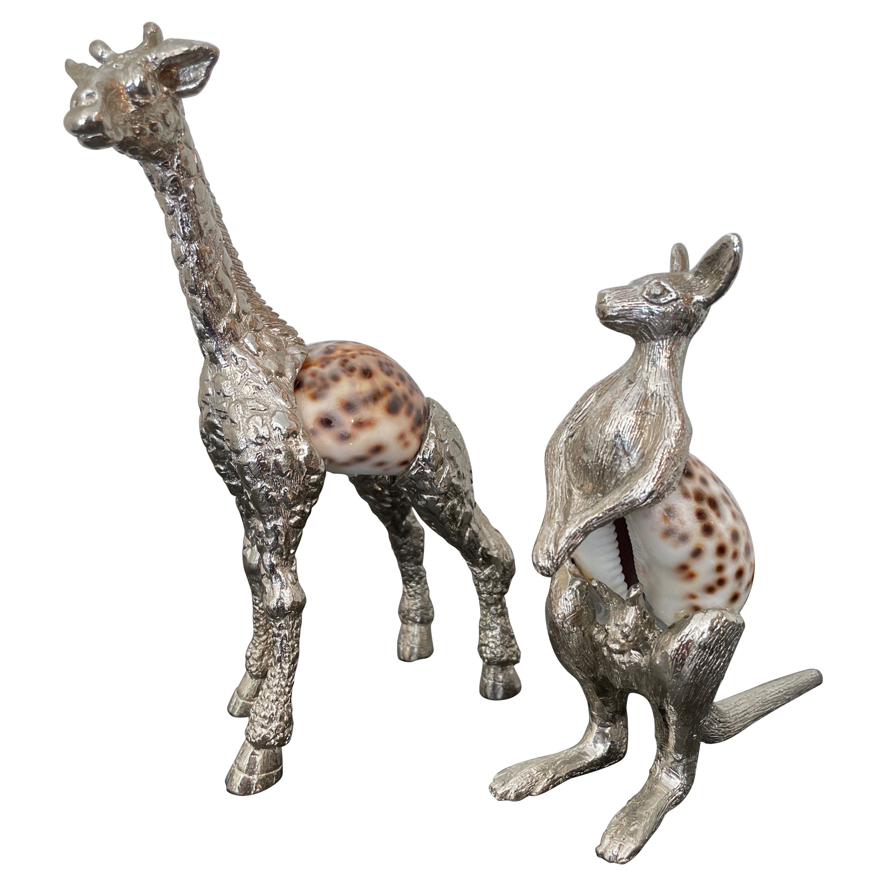 Silver Plate Giraffe 
Kangaroo Figurines with Shell Body