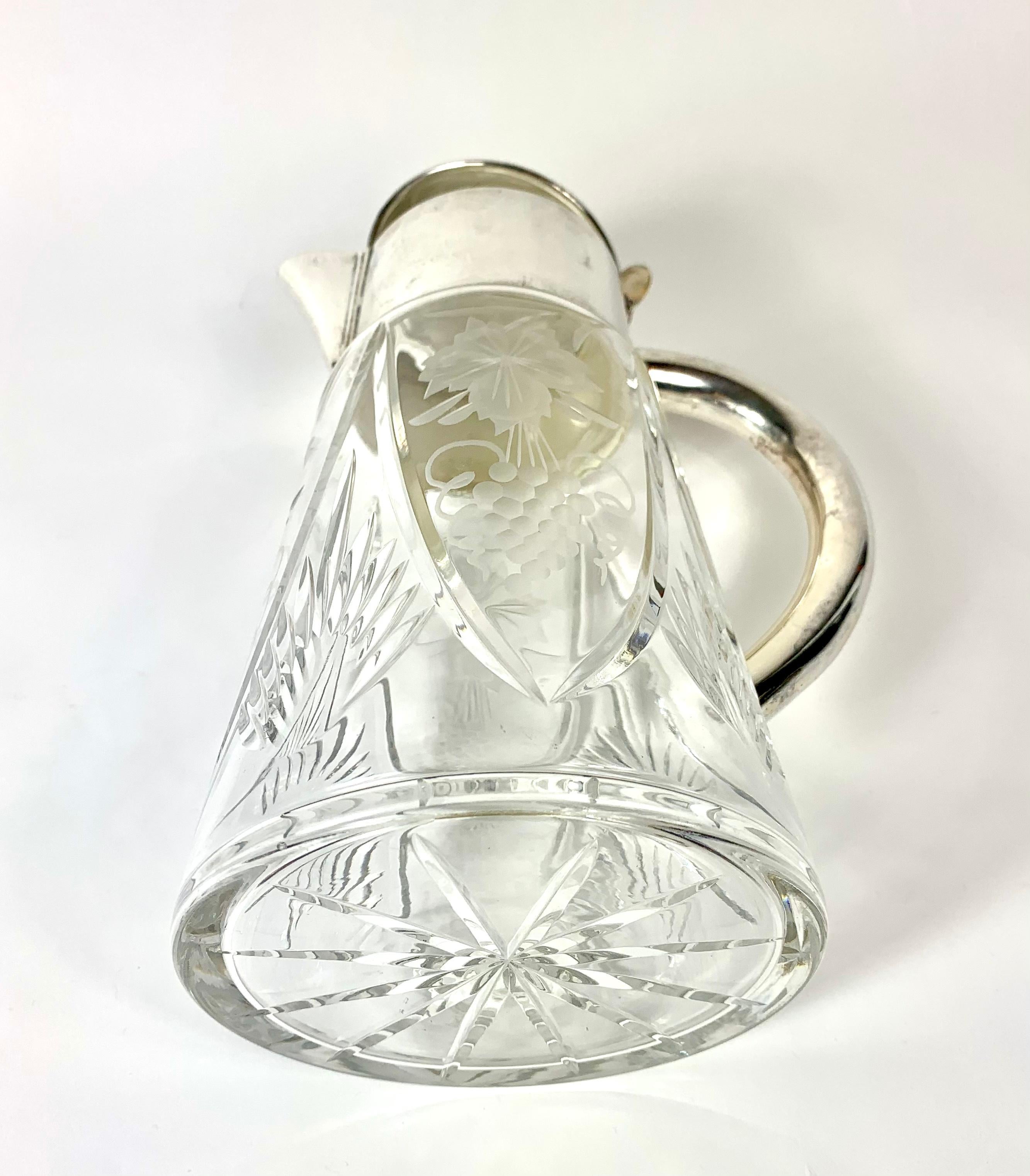 Silver Plate Grape and Flower Cut Glass Lemonade or Water Pitcher 3