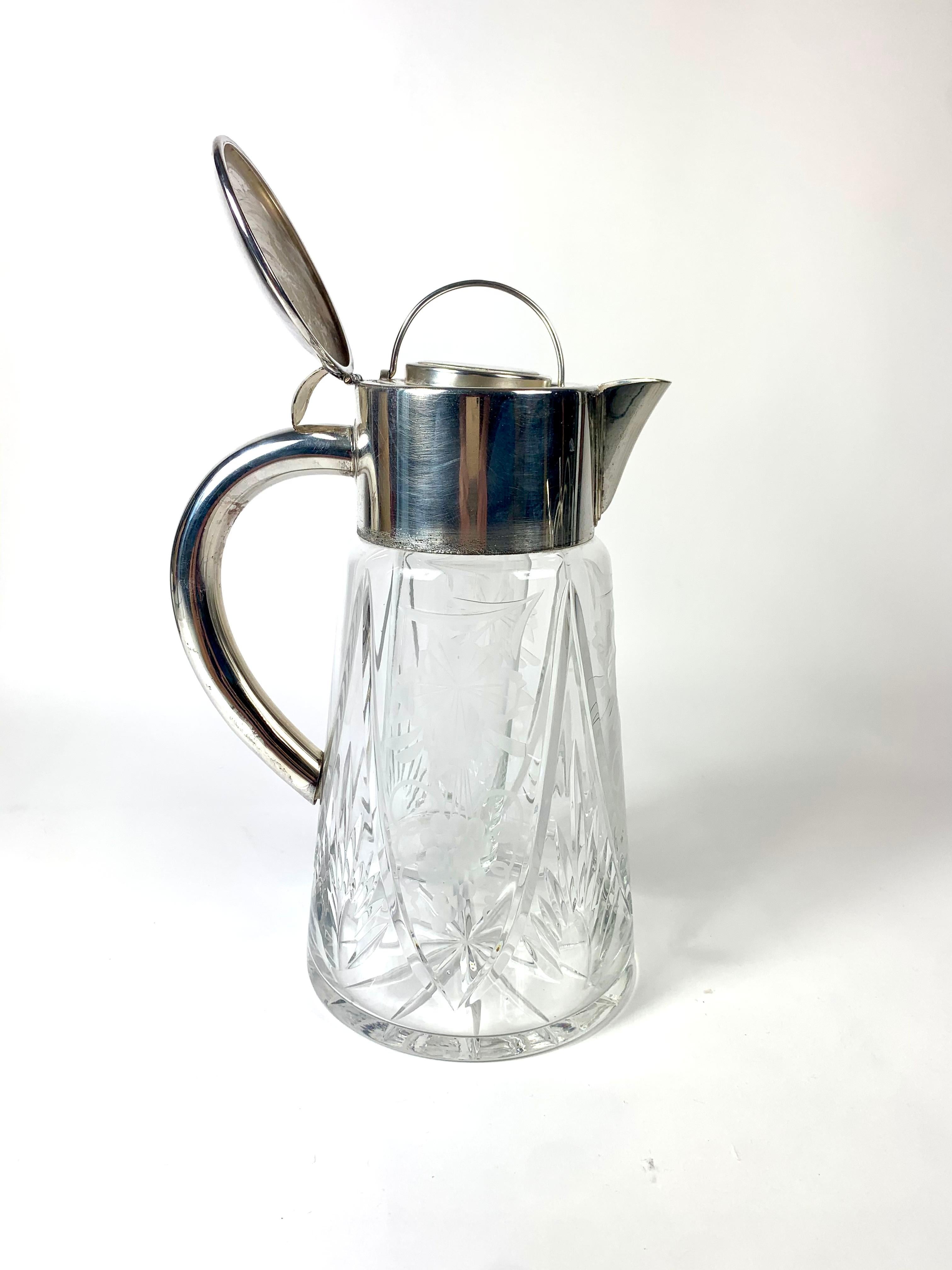 20th Century Silver Plate Grape and Flower Cut Glass Lemonade or Water Pitcher