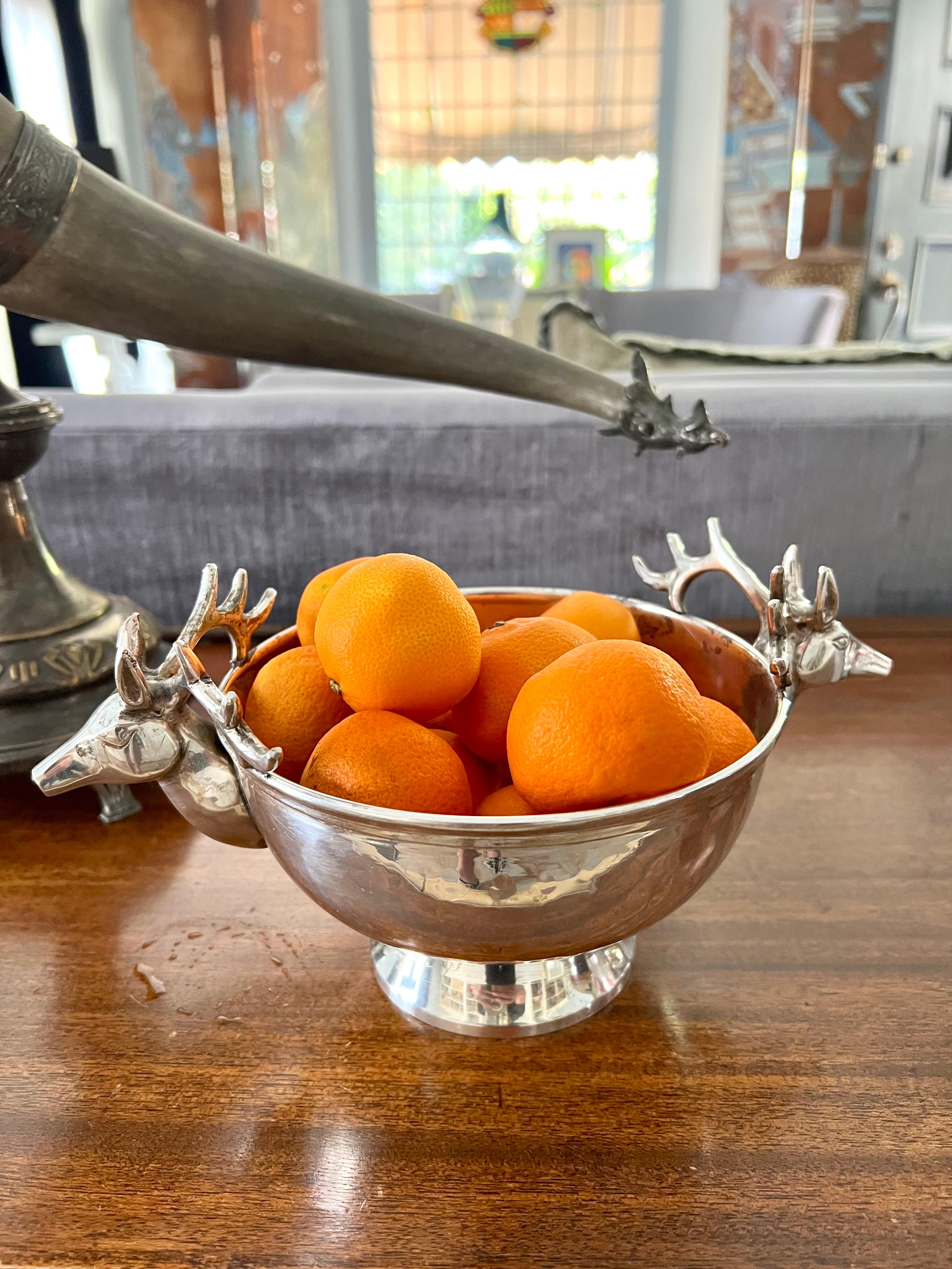 20th Century Silver Plate Hammered Bowl with Stag Handles For Sale