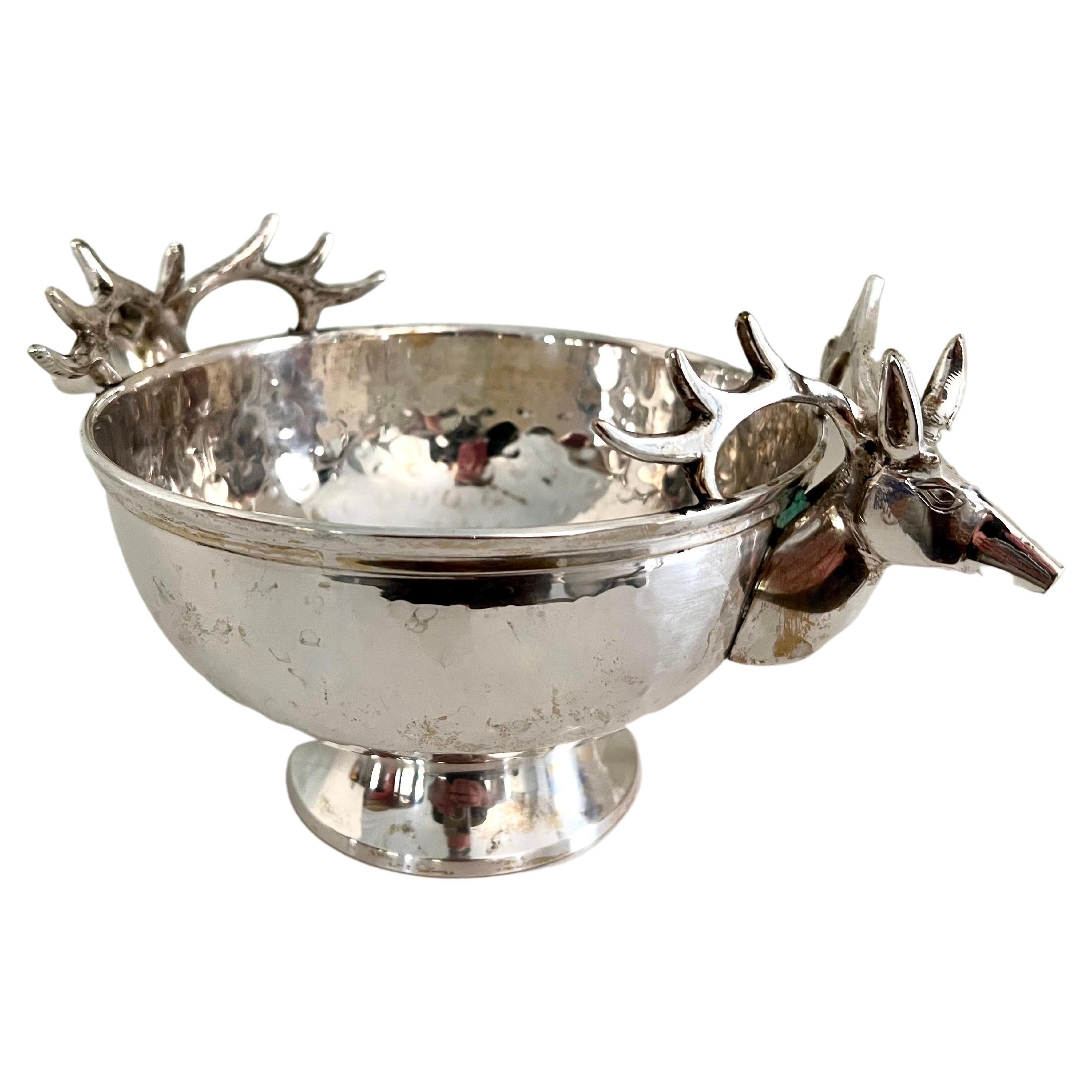 Silver Plate Hammered Bowl with Stag Handles For Sale