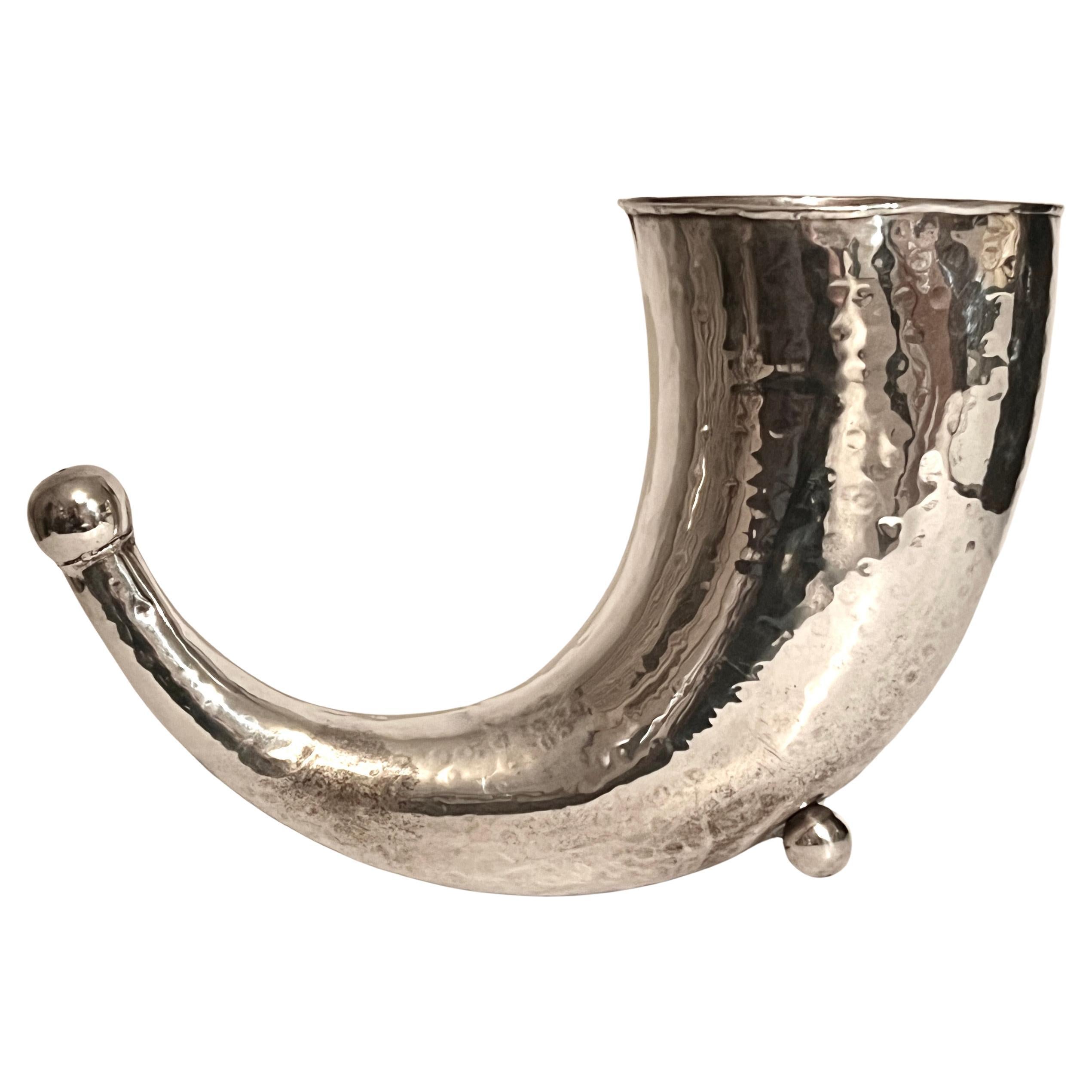 Silver Plate Hammered Cornucopia Style Vase with Ball Tip Detail For Sale
