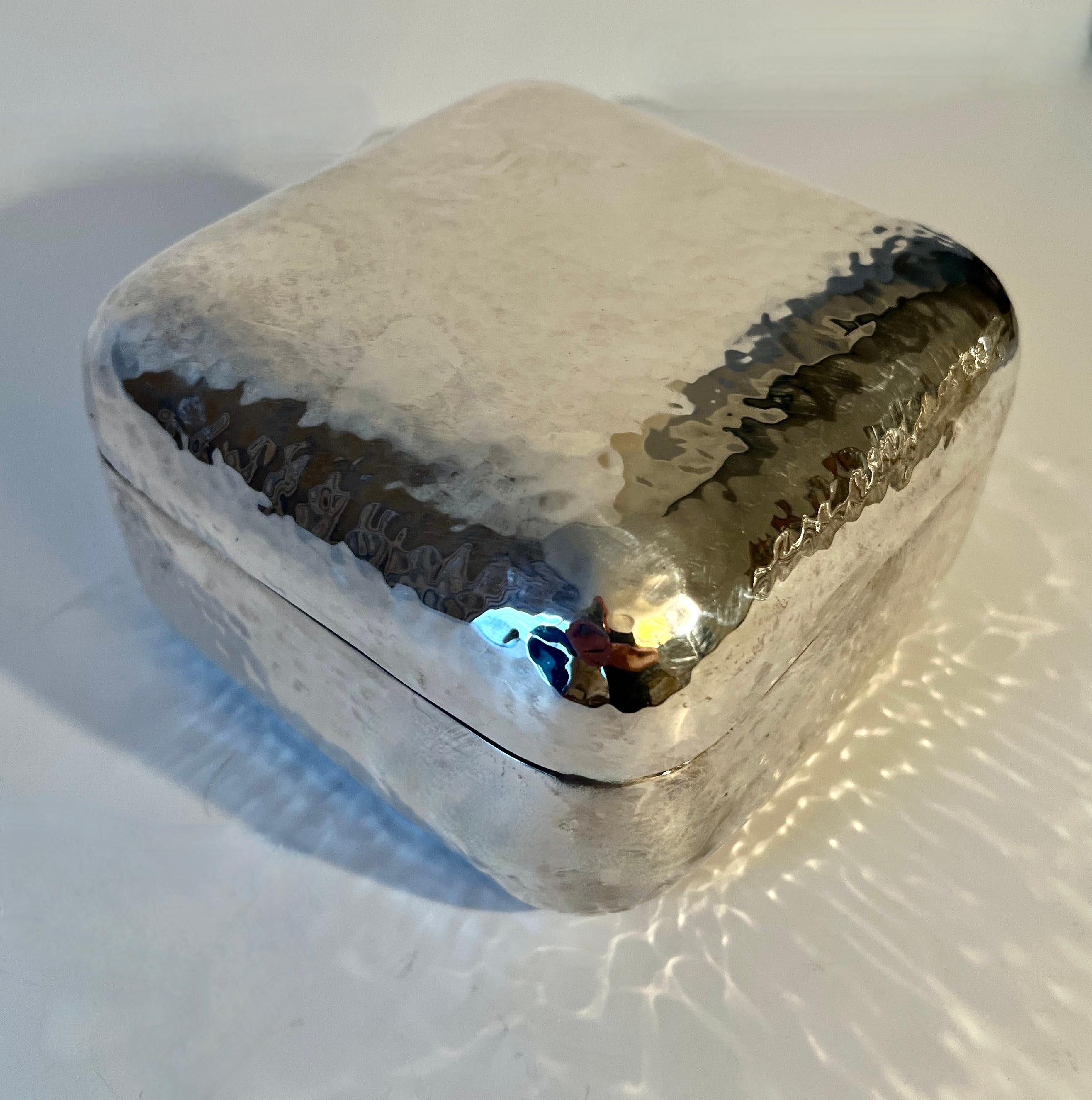 Mid-Century Modern Silver Plate Hand Hammered Lidded Box with Rounded Corners For Sale