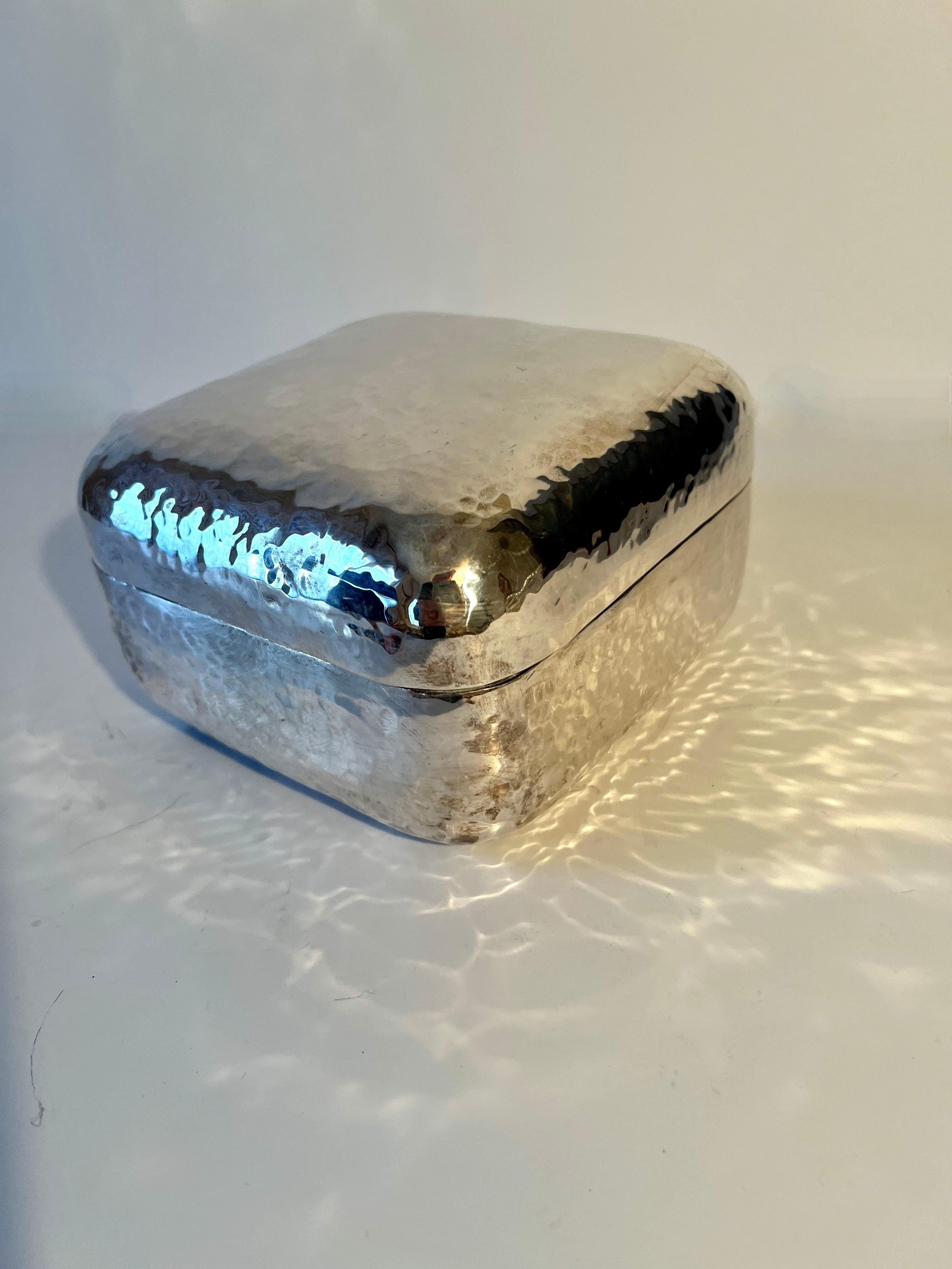 Silver Plate Hand Hammered Lidded Box with Rounded Corners For Sale 1
