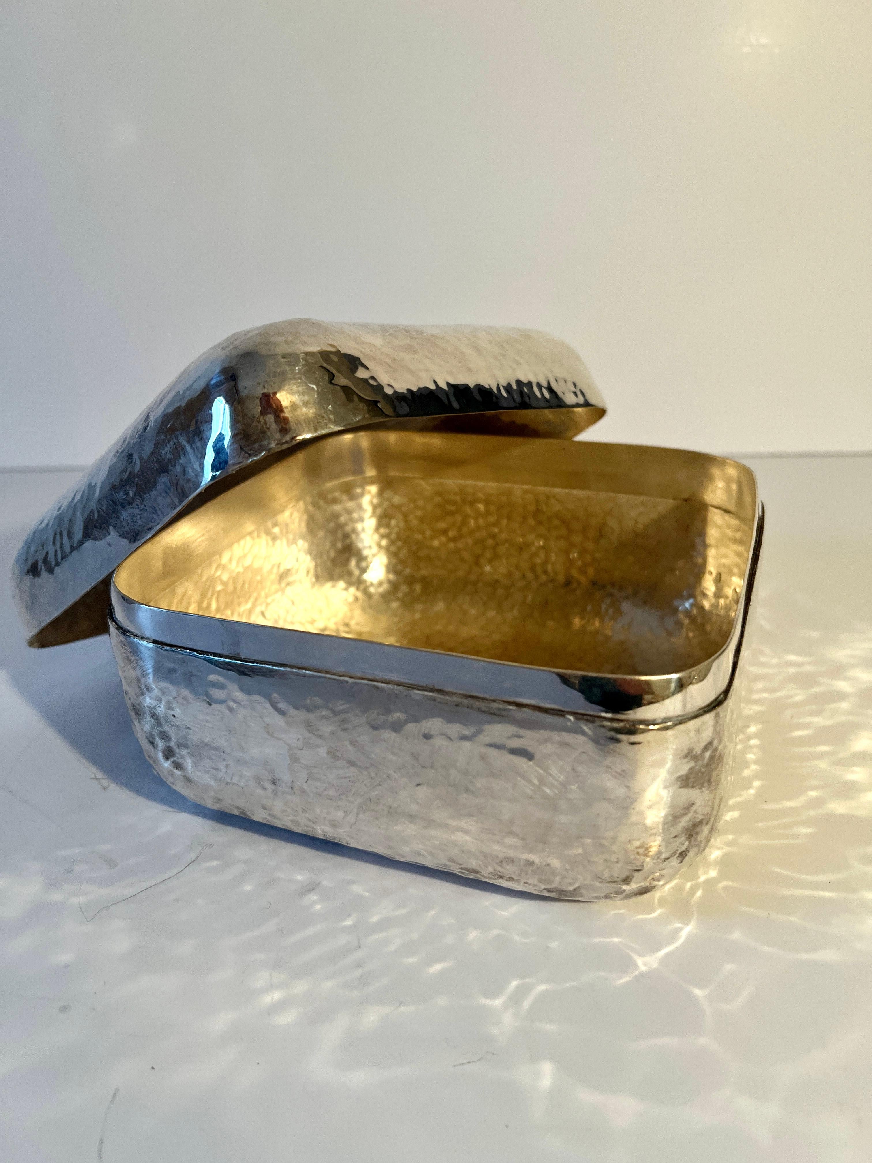 Silver Plate Hand Hammered Lidded Box with Rounded Corners For Sale 3