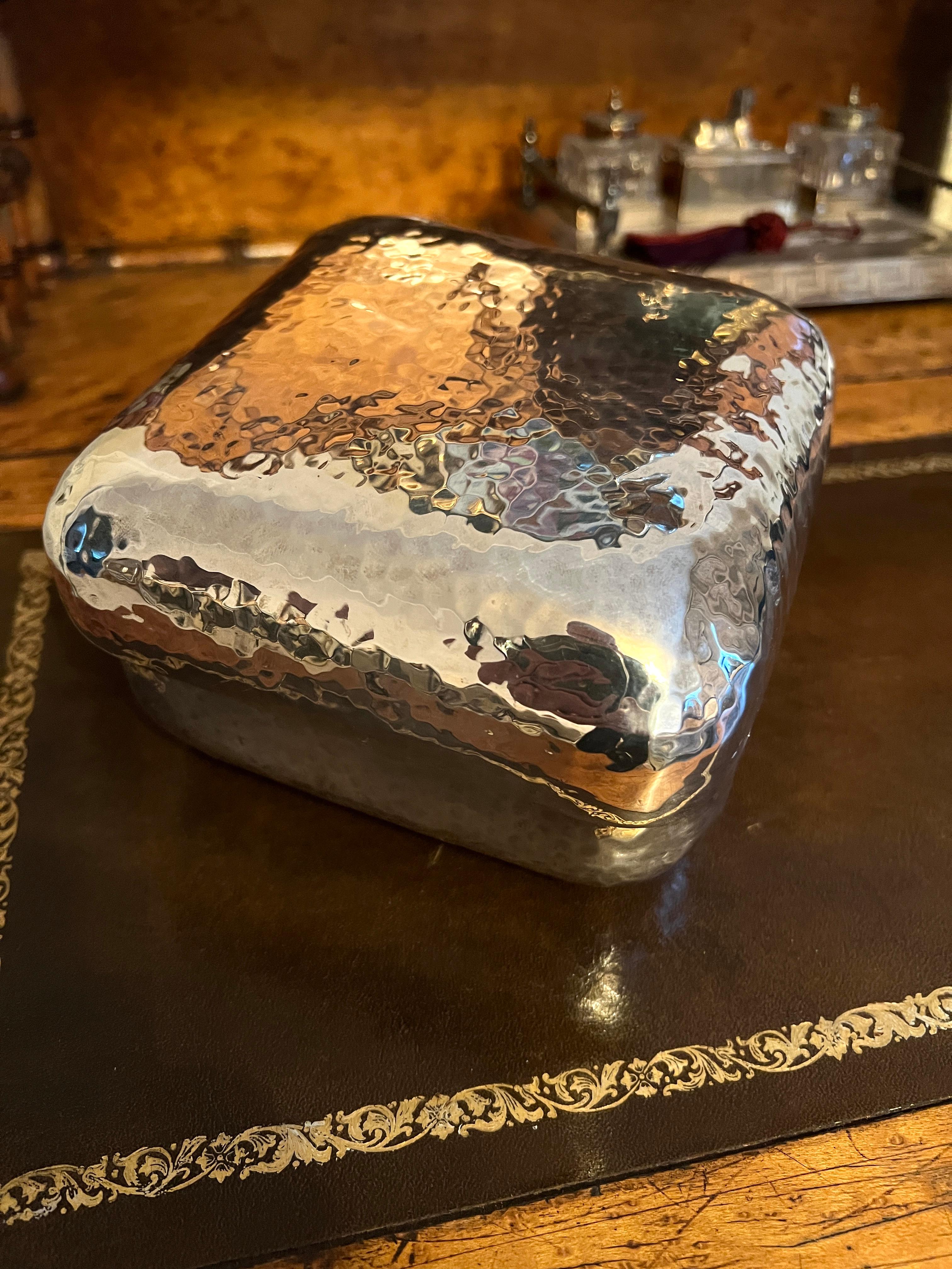 Silver Plate Hand Hammered Lidded Box with Rounded Corners For Sale 4