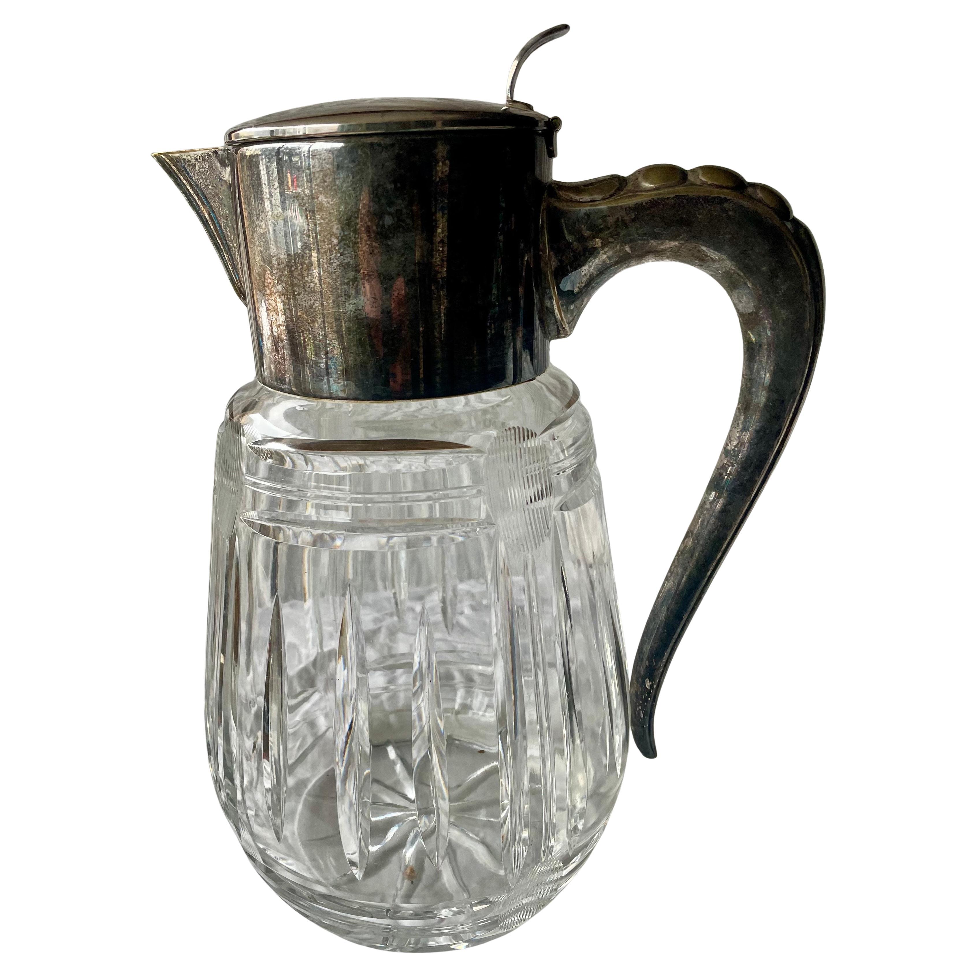 A Silver Plate Handle Holding Top Cut Glass Bulbous Serving Water Pitcher Ewer Jug en vente