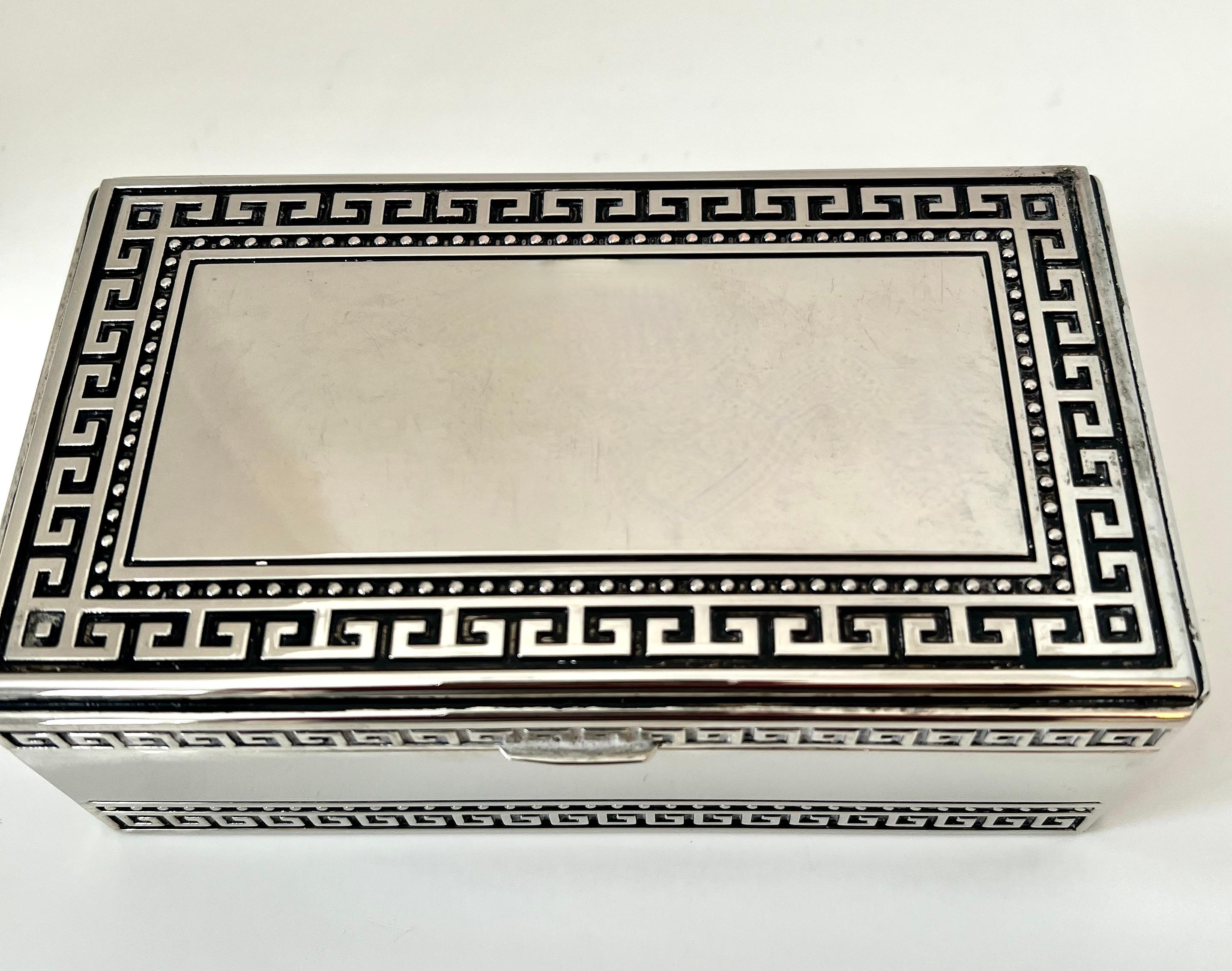 Modern Silver Plate Hinged Lidded Box with Greek Key Details and Fabric Lined
