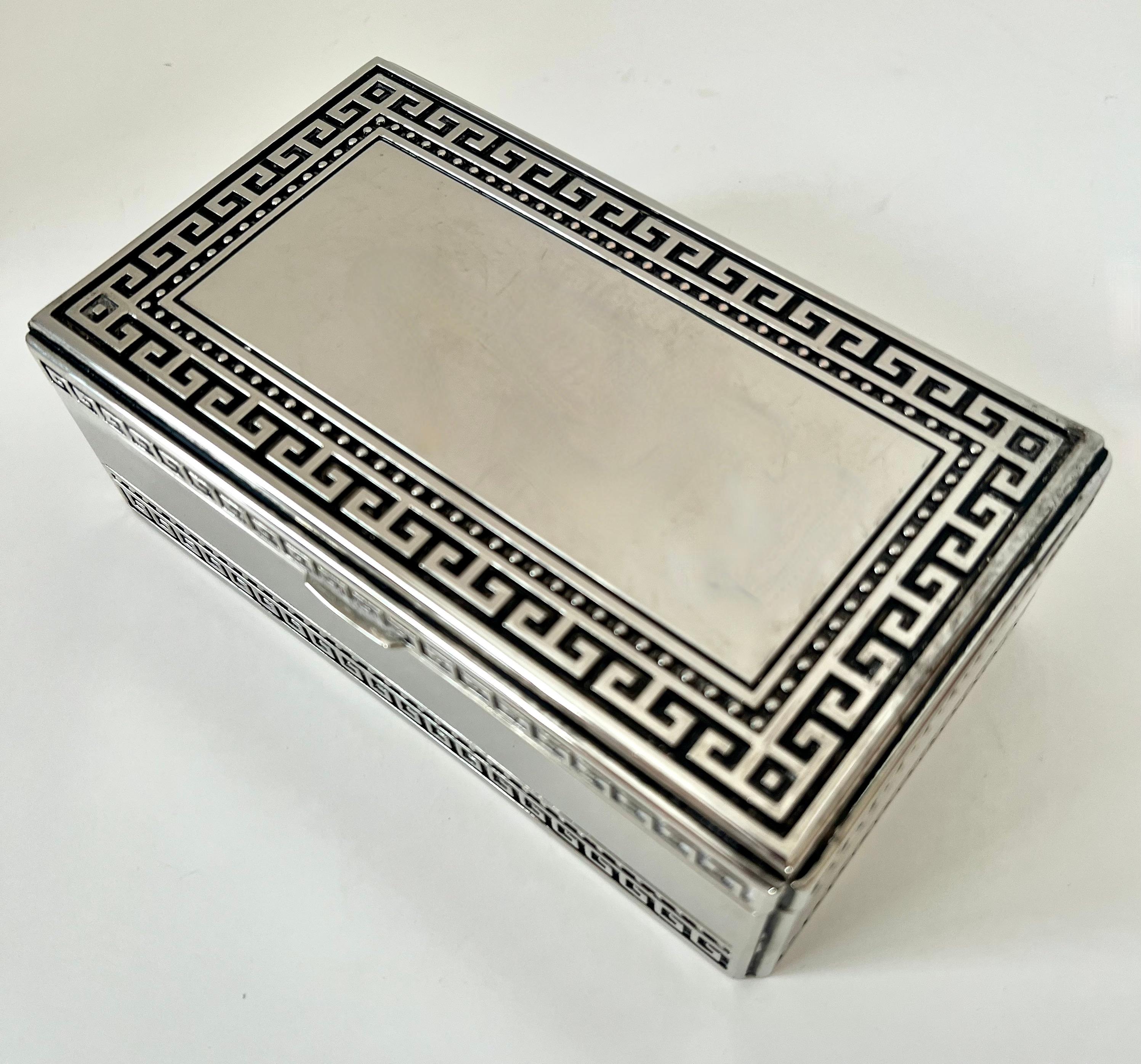 Patinated Silver Plate Hinged Lidded Box with Greek Key Details and Fabric Lined