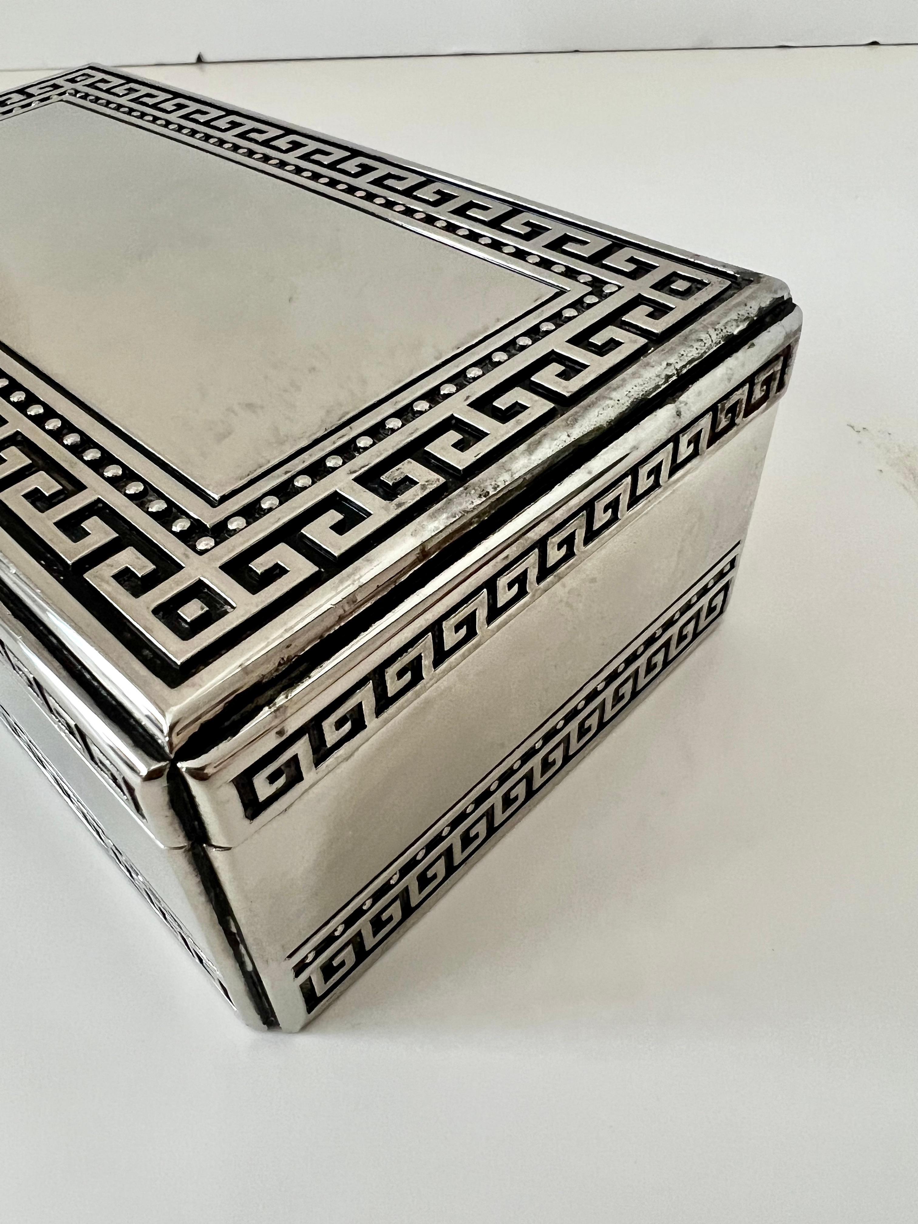 20th Century Silver Plate Hinged Lidded Box with Greek Key Details and Fabric Lined