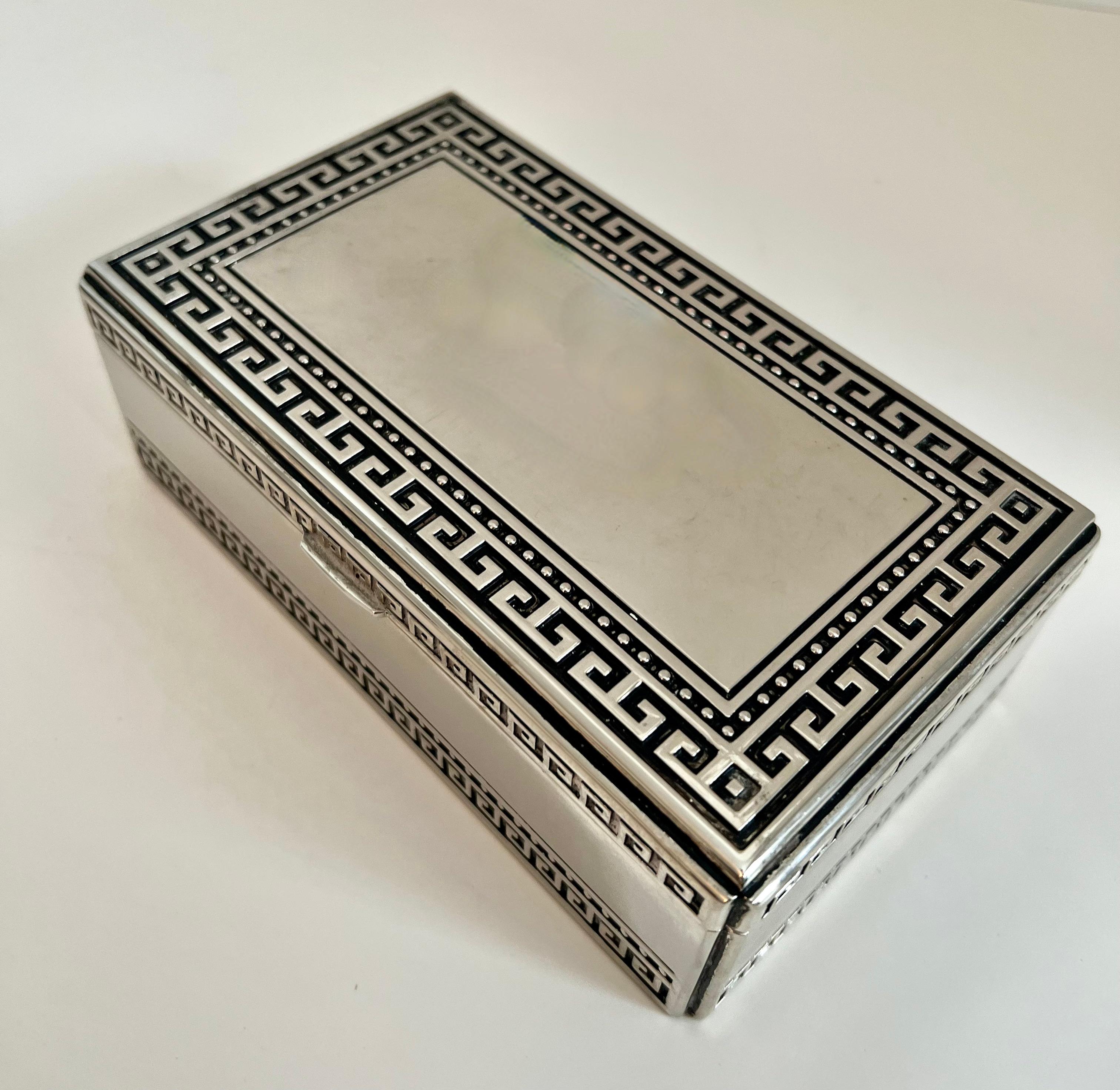 Silver Plate Hinged Lidded Box with Greek Key Details and Fabric Lined 1