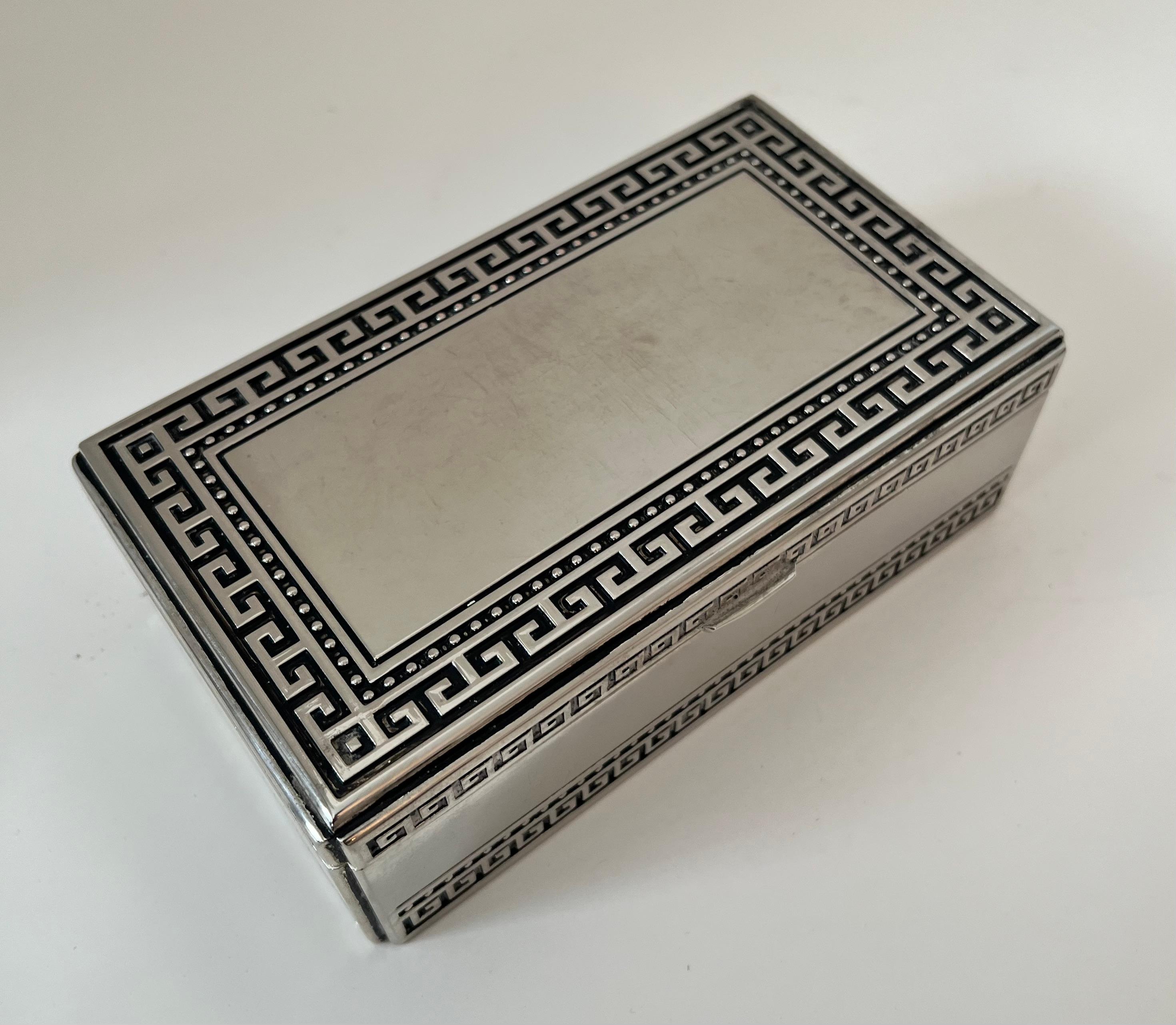 Silver Plate Hinged Lidded Box with Greek Key Details and Fabric Lined 3