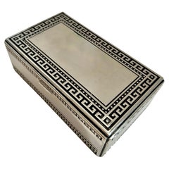 Silver Plate Hinged Lidded Box with Greek Key Details and Fabric Lined