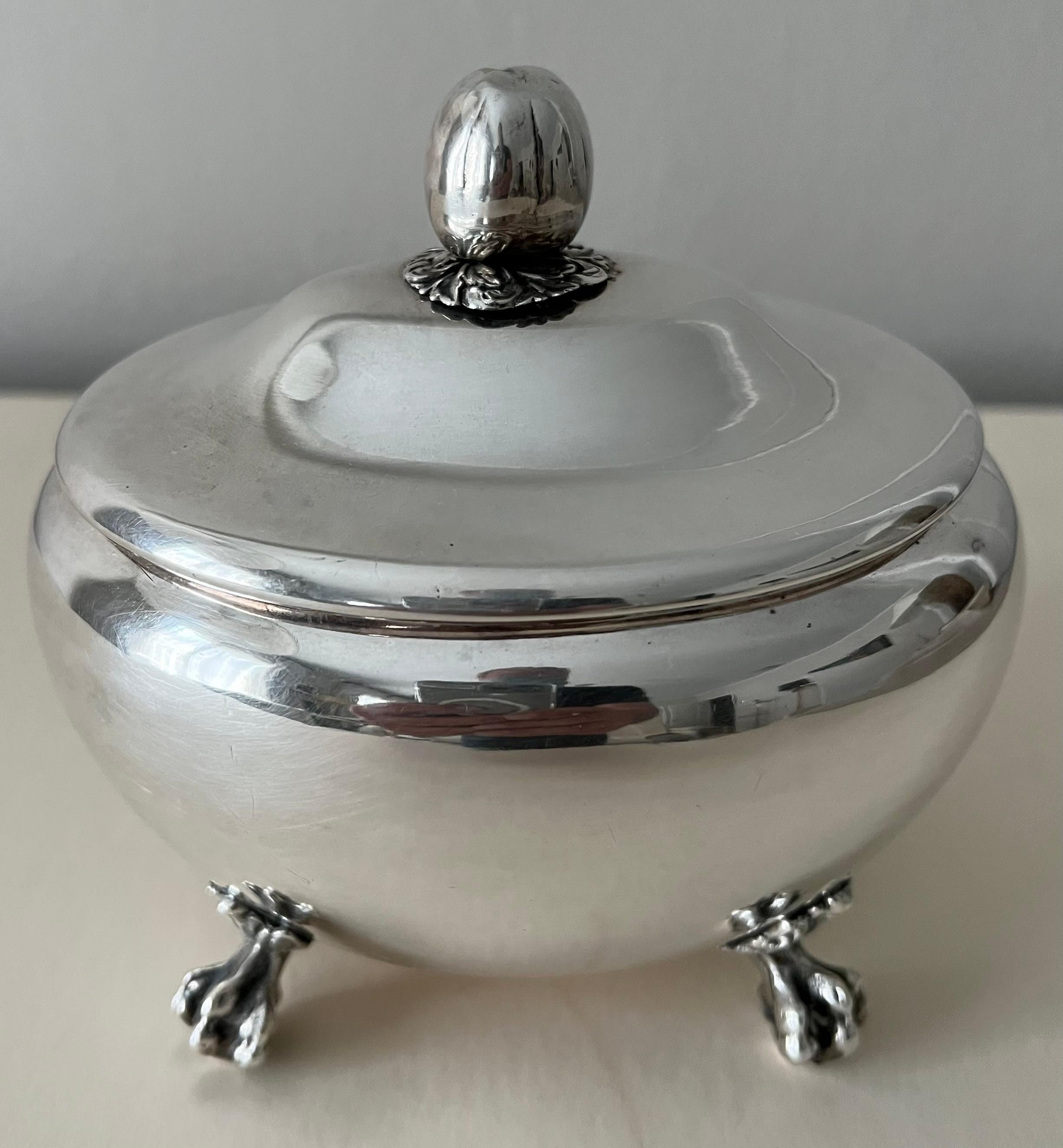 Polished Silver Plate Hinged Oval Box on Claw Feet For Sale