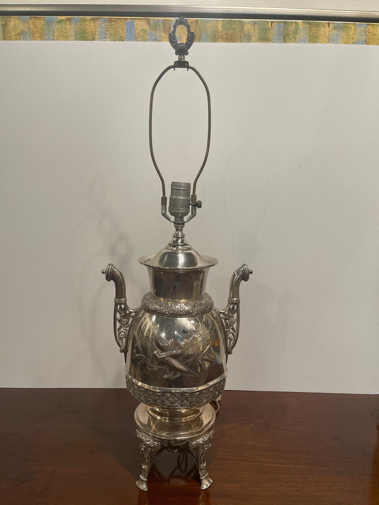 Silver plate hot water urn adapted as a lamp, 20th century. 20.25