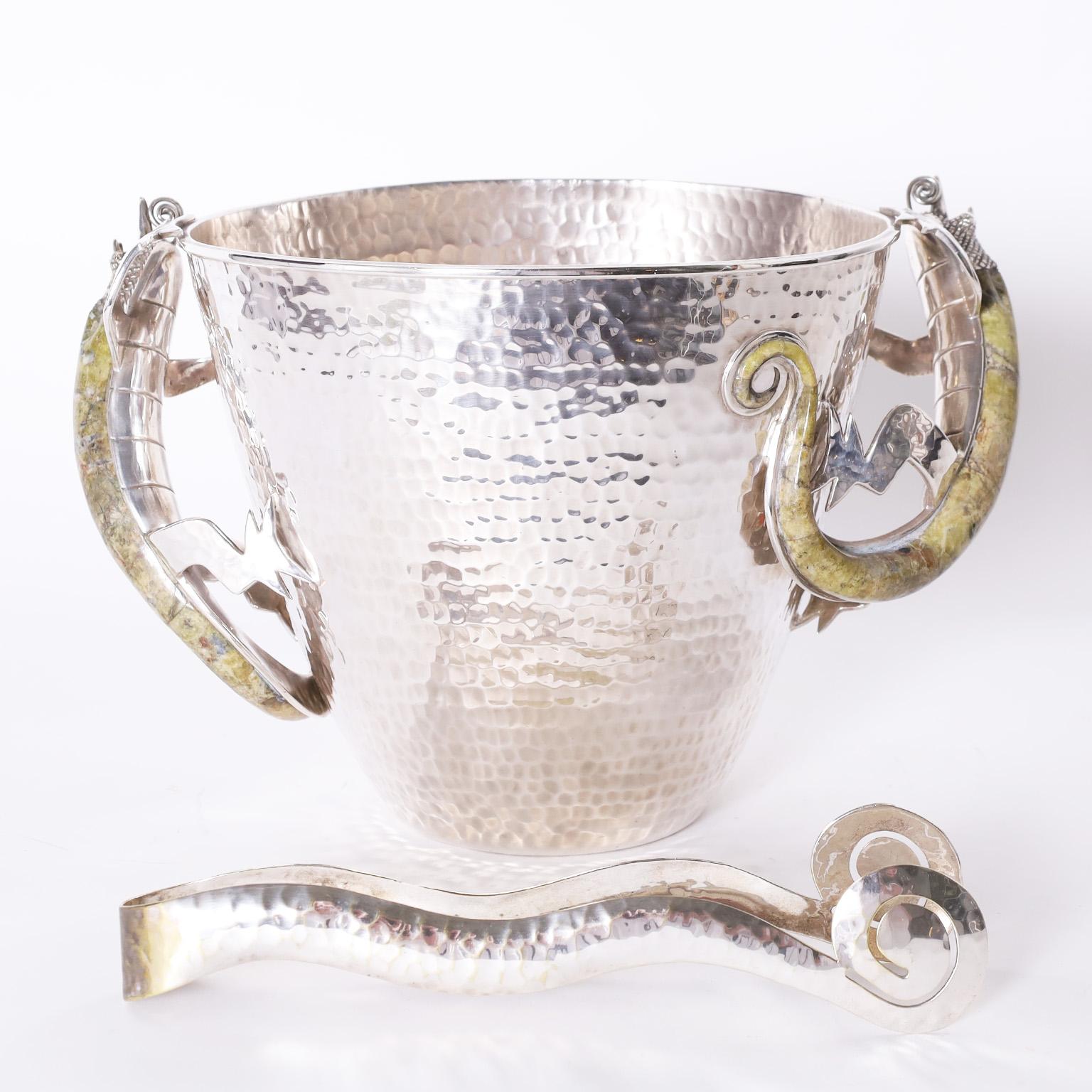 Mid-Century Modern Silver Plate Ice Bucket and Tongs with Lizards For Sale