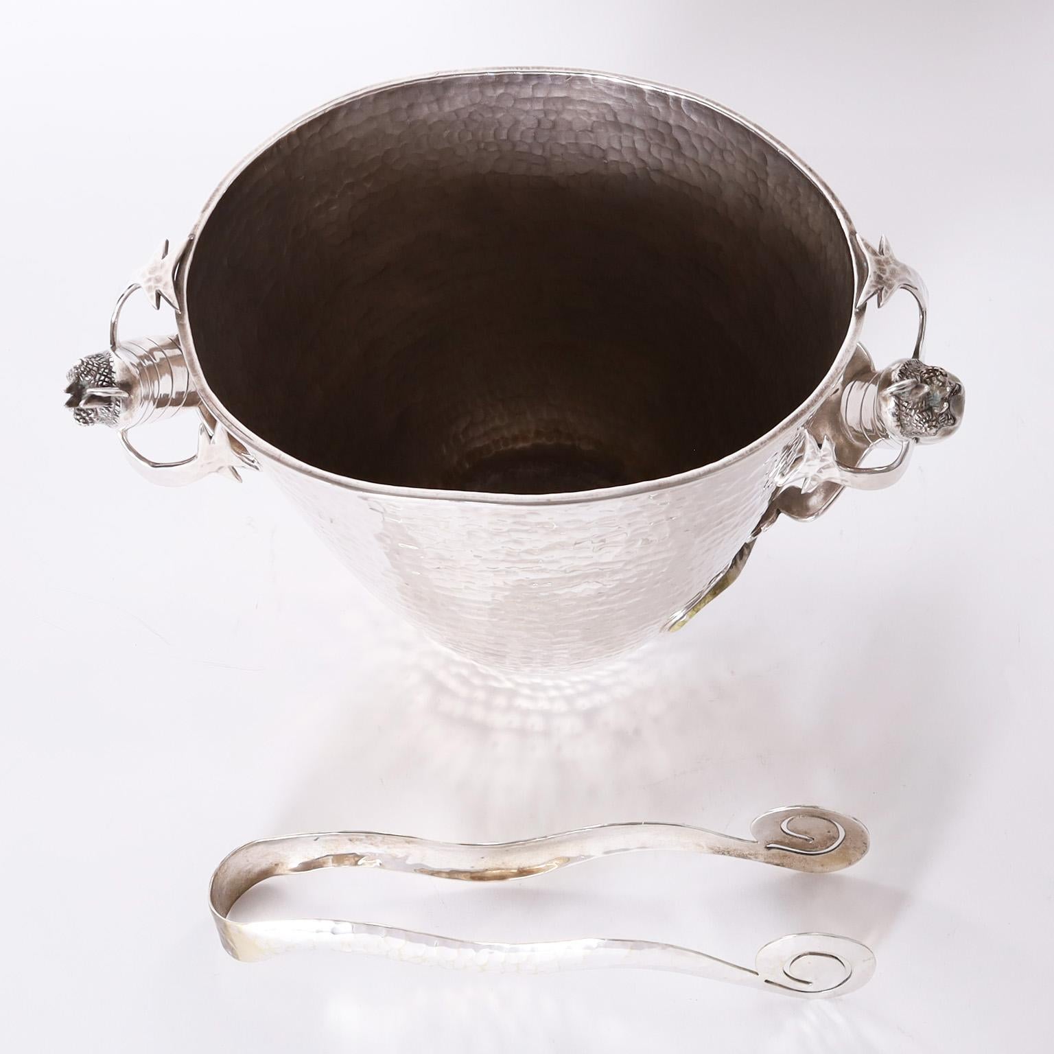Mexican Silver Plate Ice Bucket and Tongs with Lizards For Sale