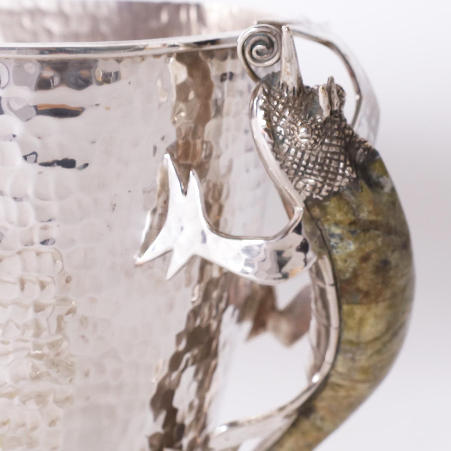Hammered Silver Plate Ice Bucket and Tongs with Lizards For Sale