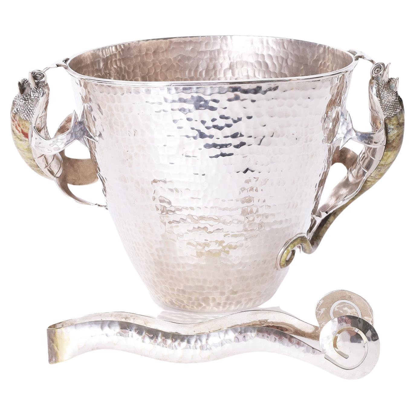 Silver Plate Ice Bucket and Tongs with Lizards