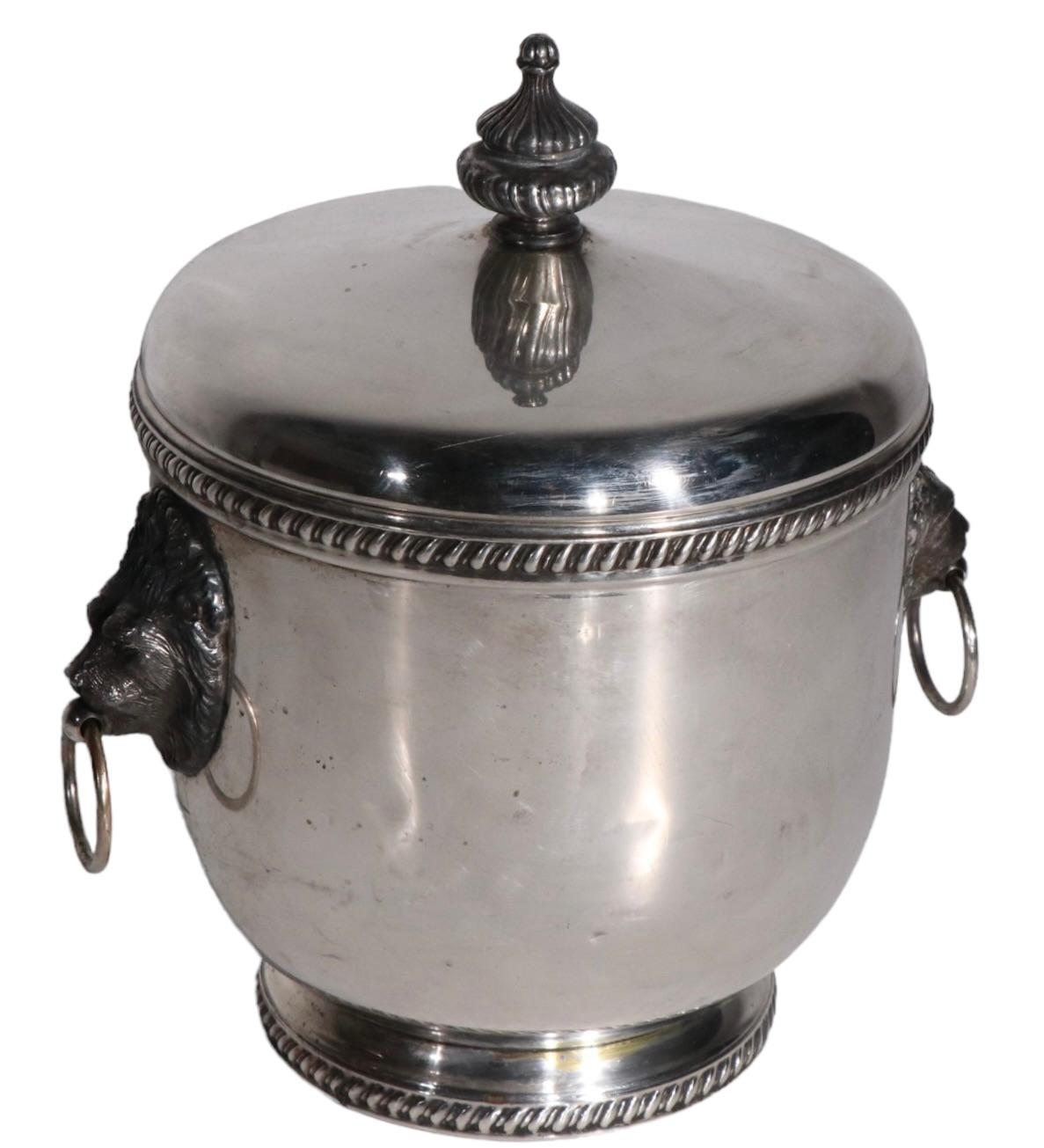 Silver Plate Silver-plate Ice Bucket by The Sheffield Silver Company with Lion Head Ring Hand For Sale