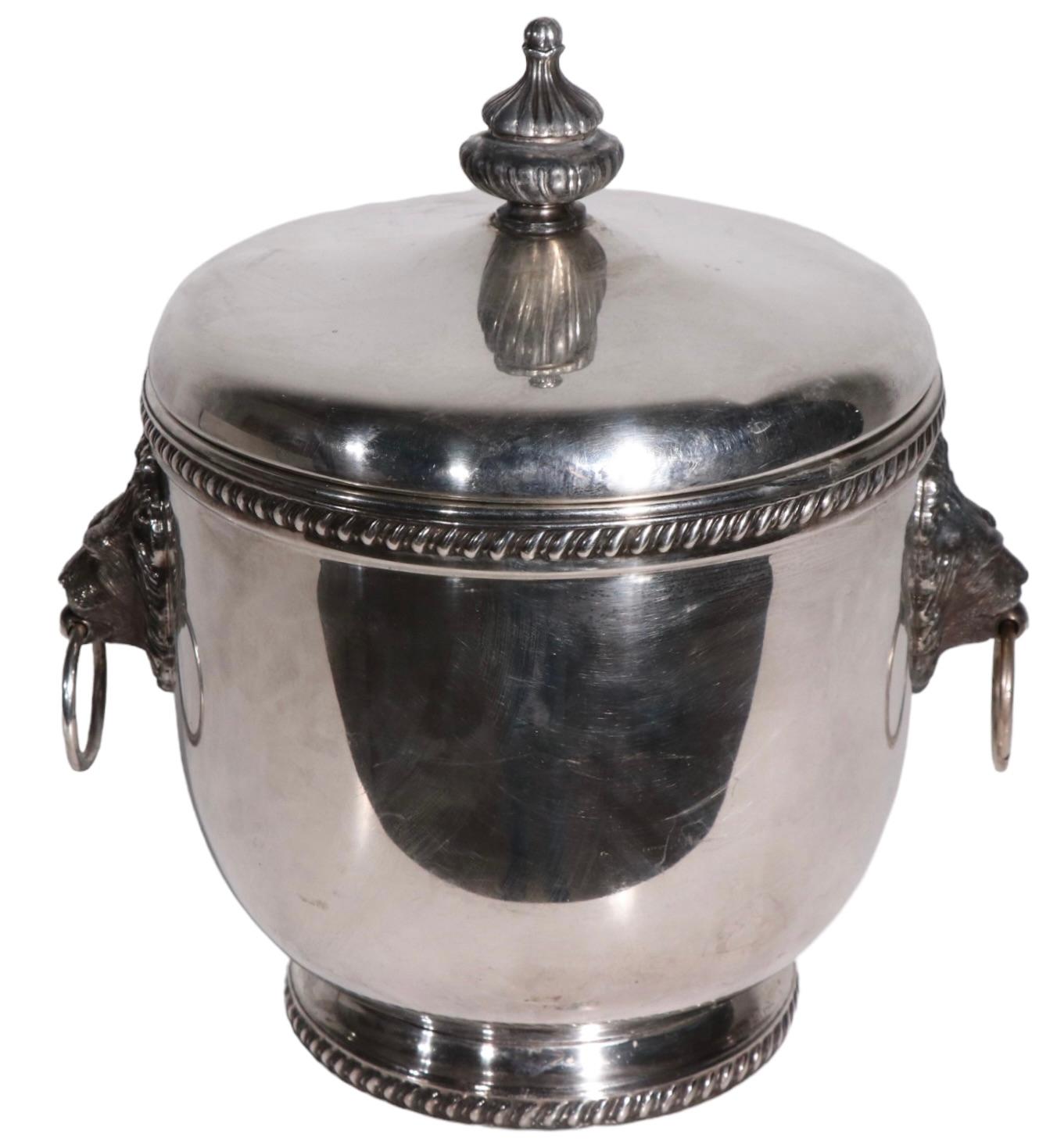 Silver-plate Ice Bucket by The Sheffield Silver Company with Lion Head Ring Hand For Sale 3