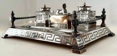 Silver Plate Ink Well with Gallery, Sphinx and Greek Key Details