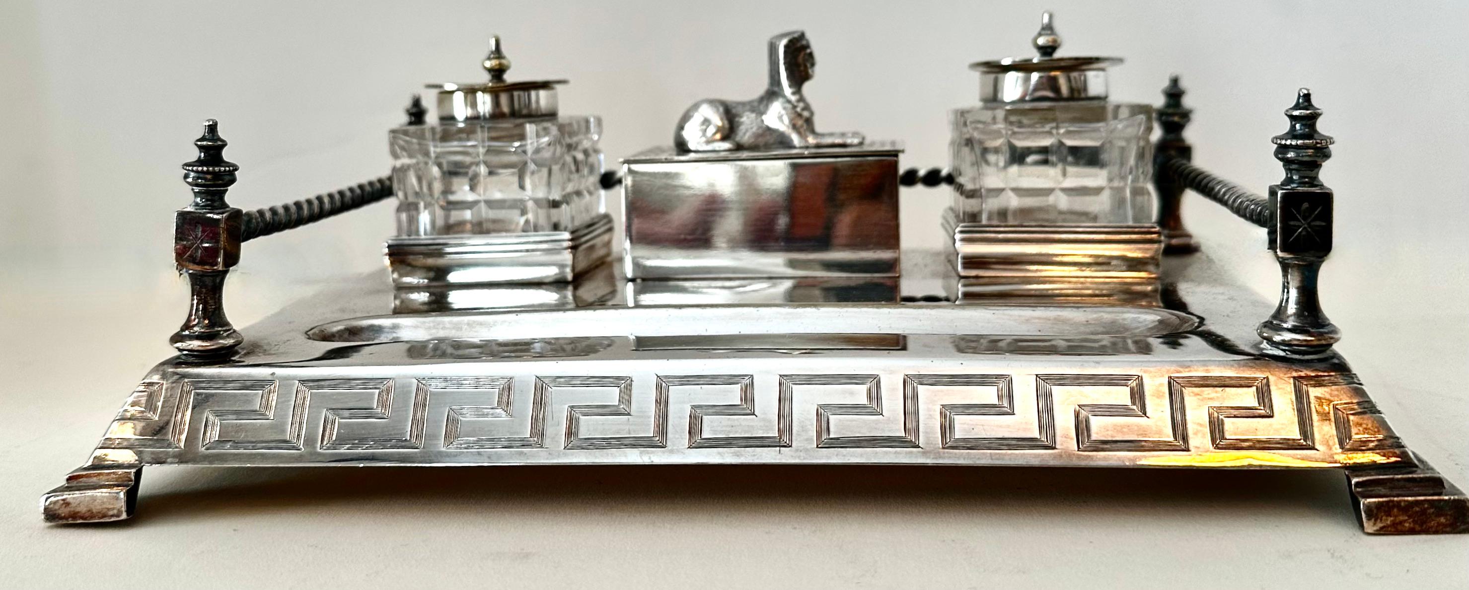 Art Deco Silver Plate Ink Well with Gallery, Sphinx and Greek Key Details For Sale