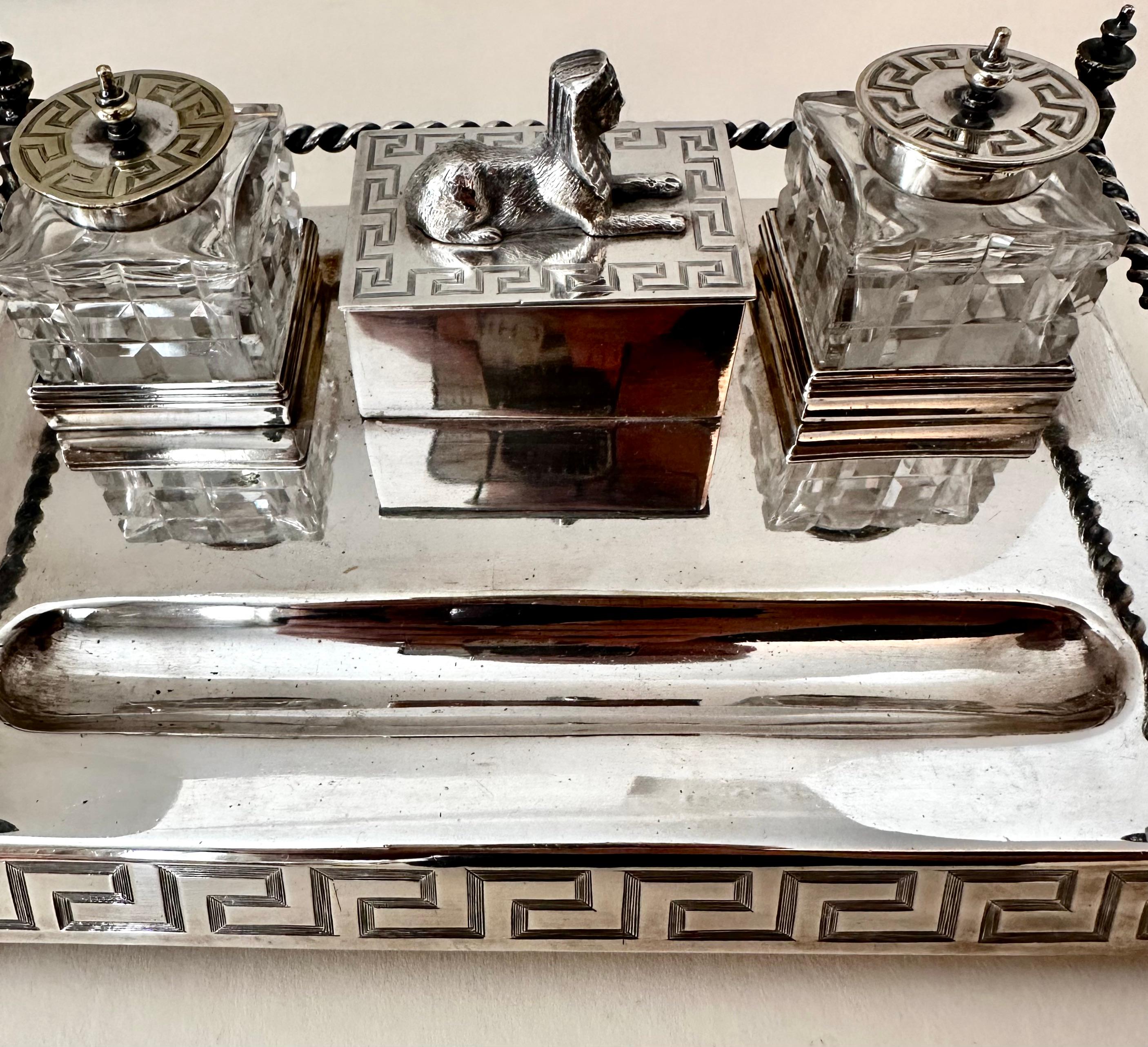 Silver Plate Ink Well with Gallery, Sphinx and Greek Key Details In Good Condition For Sale In Los Angeles, CA