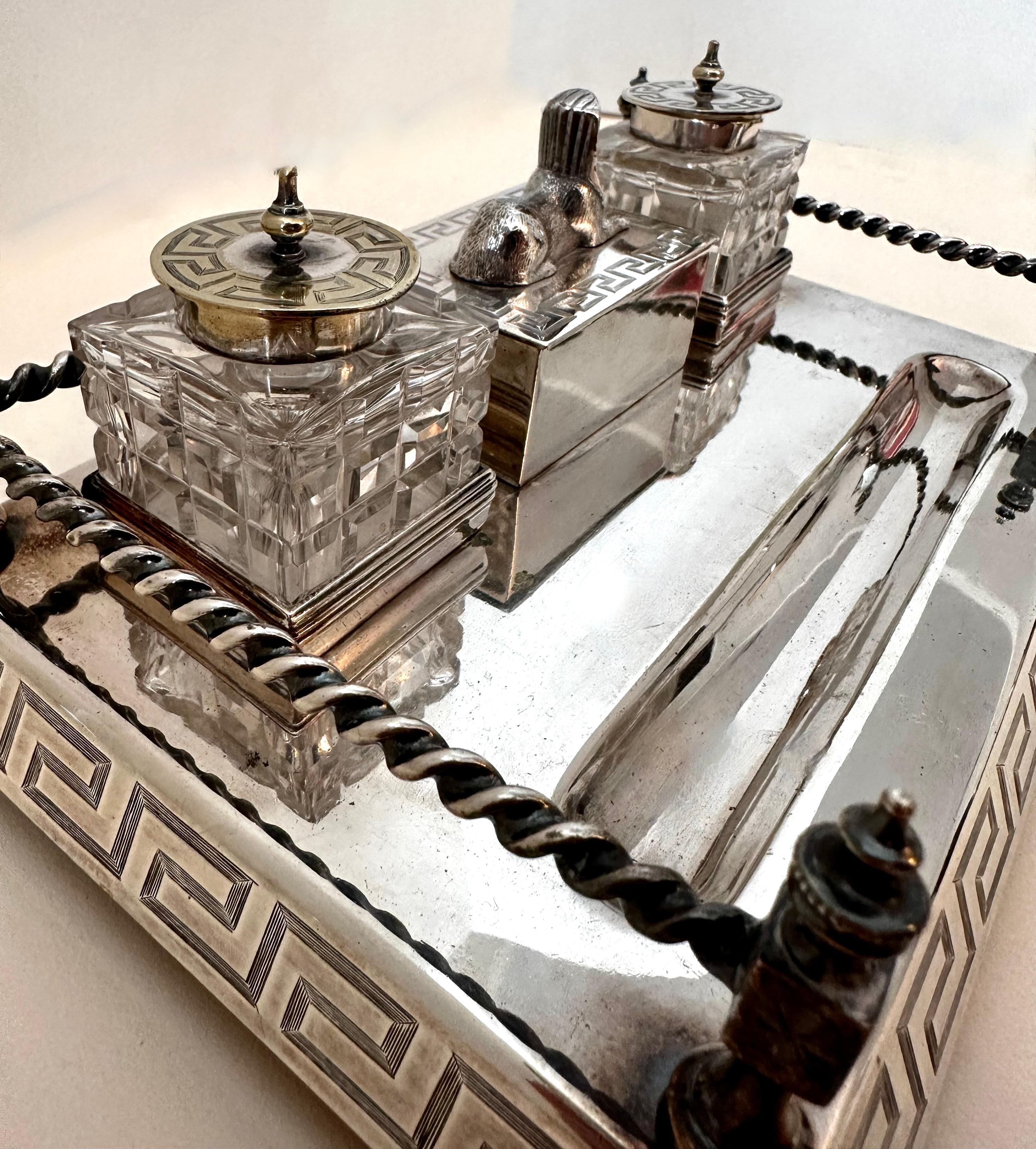20th Century Silver Plate Ink Well with Gallery, Sphinx and Greek Key Details For Sale