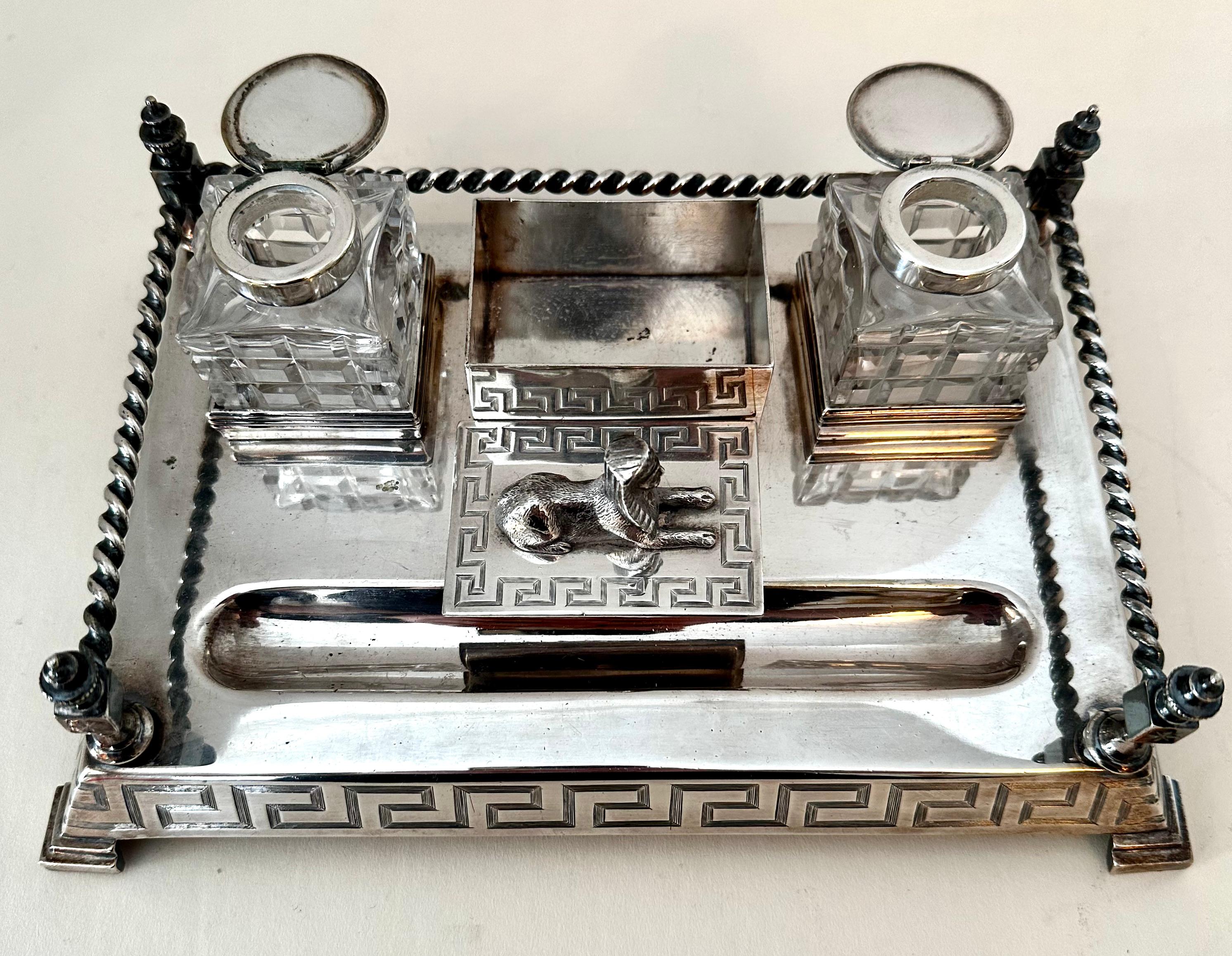 Silver Plate Ink Well with Gallery, Sphinx and Greek Key Details For Sale 1