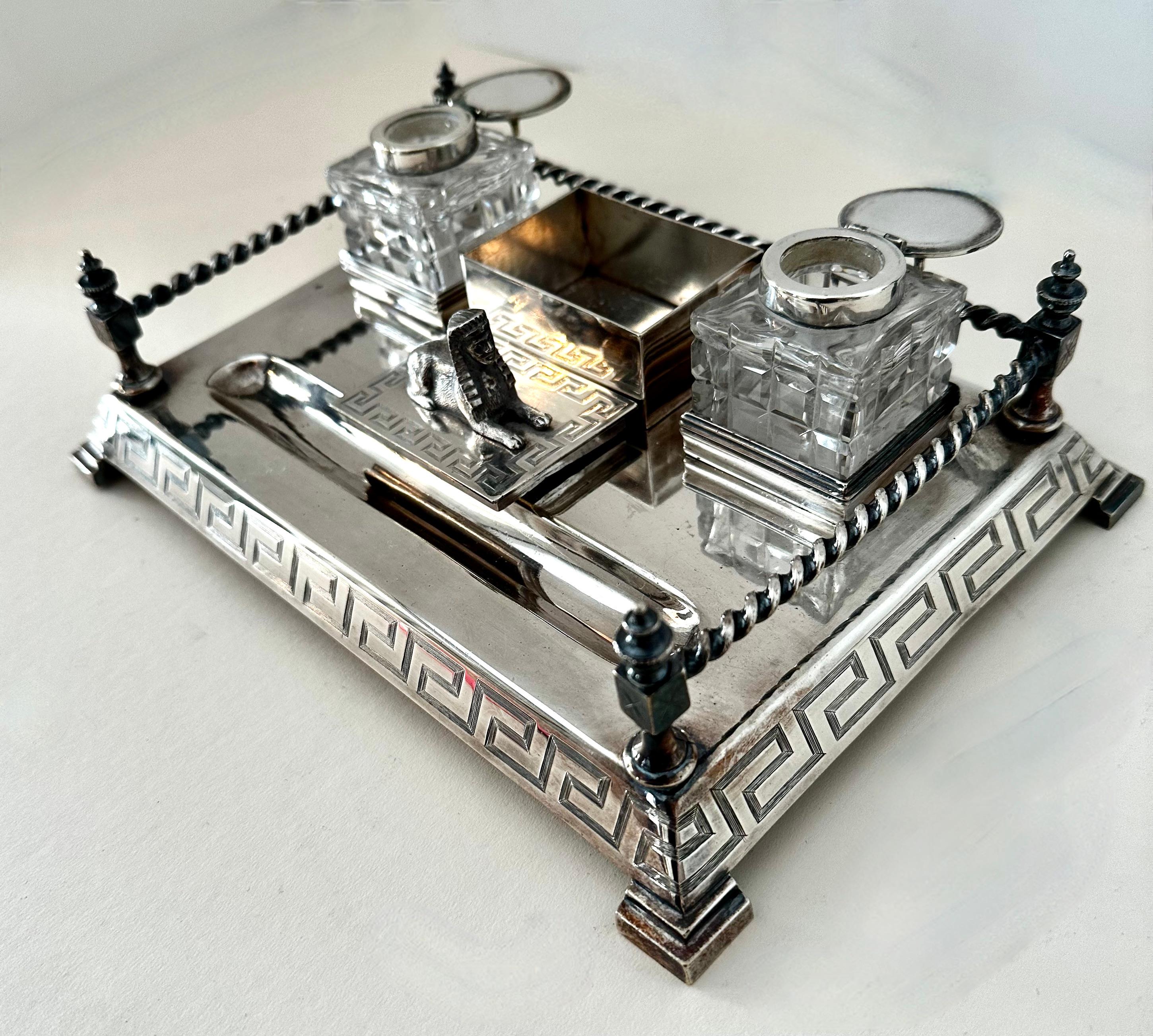 Silver Plate Ink Well with Gallery, Sphinx and Greek Key Details For Sale 2