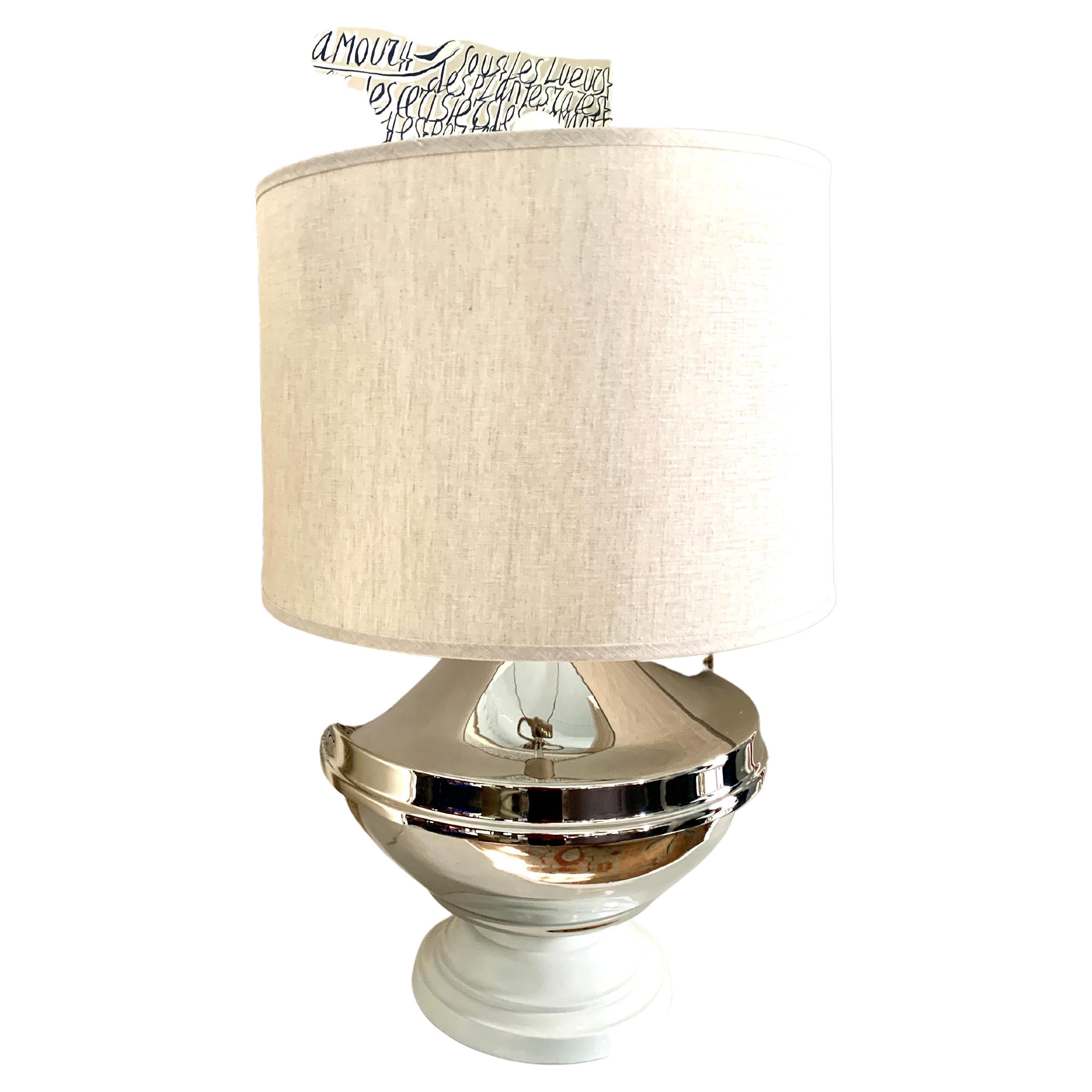 Mid-Century Modern Chapman Silver Plate Lamp with Linen Shade For Sale